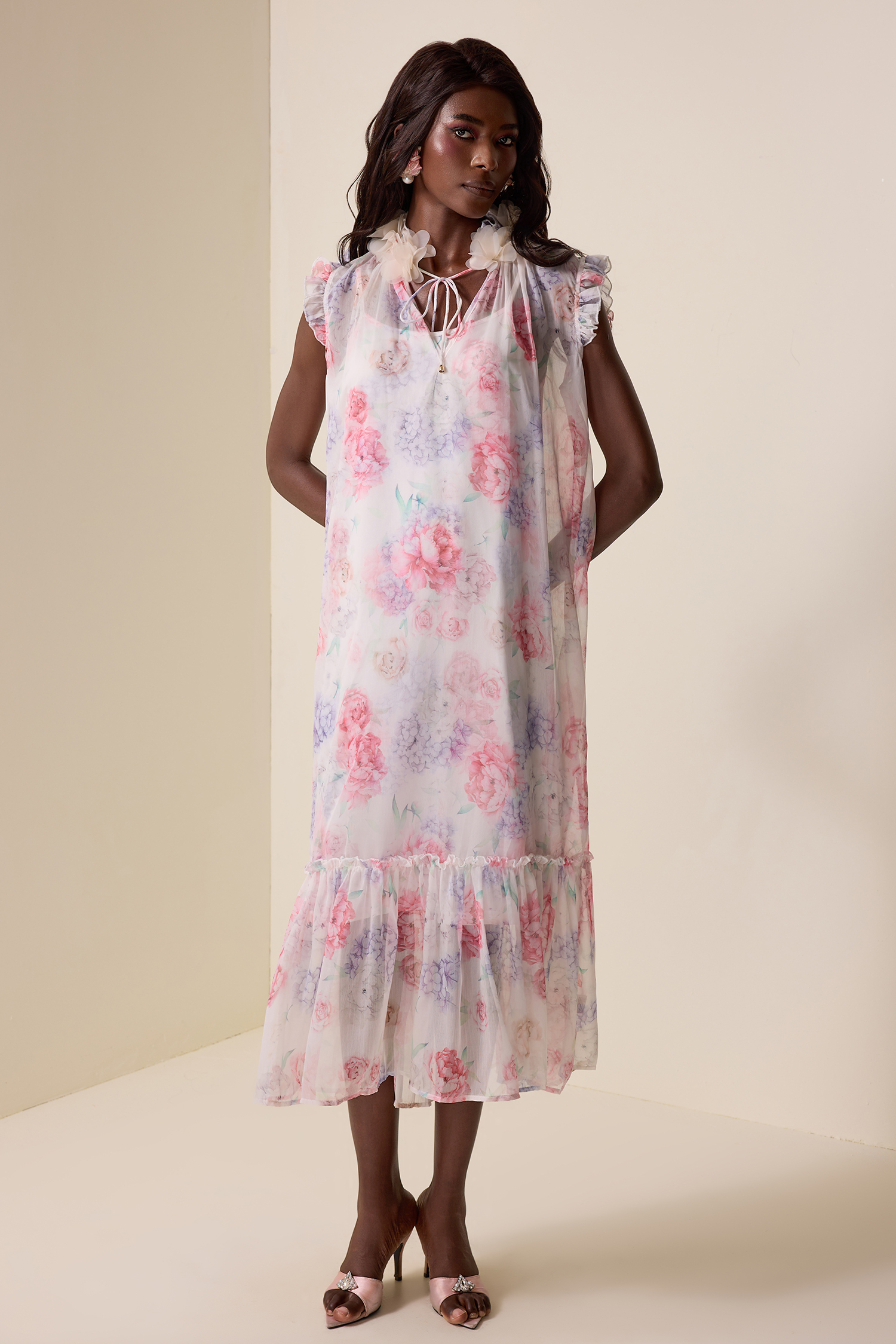 Floral Ruffle Lace-Up Midi Dress