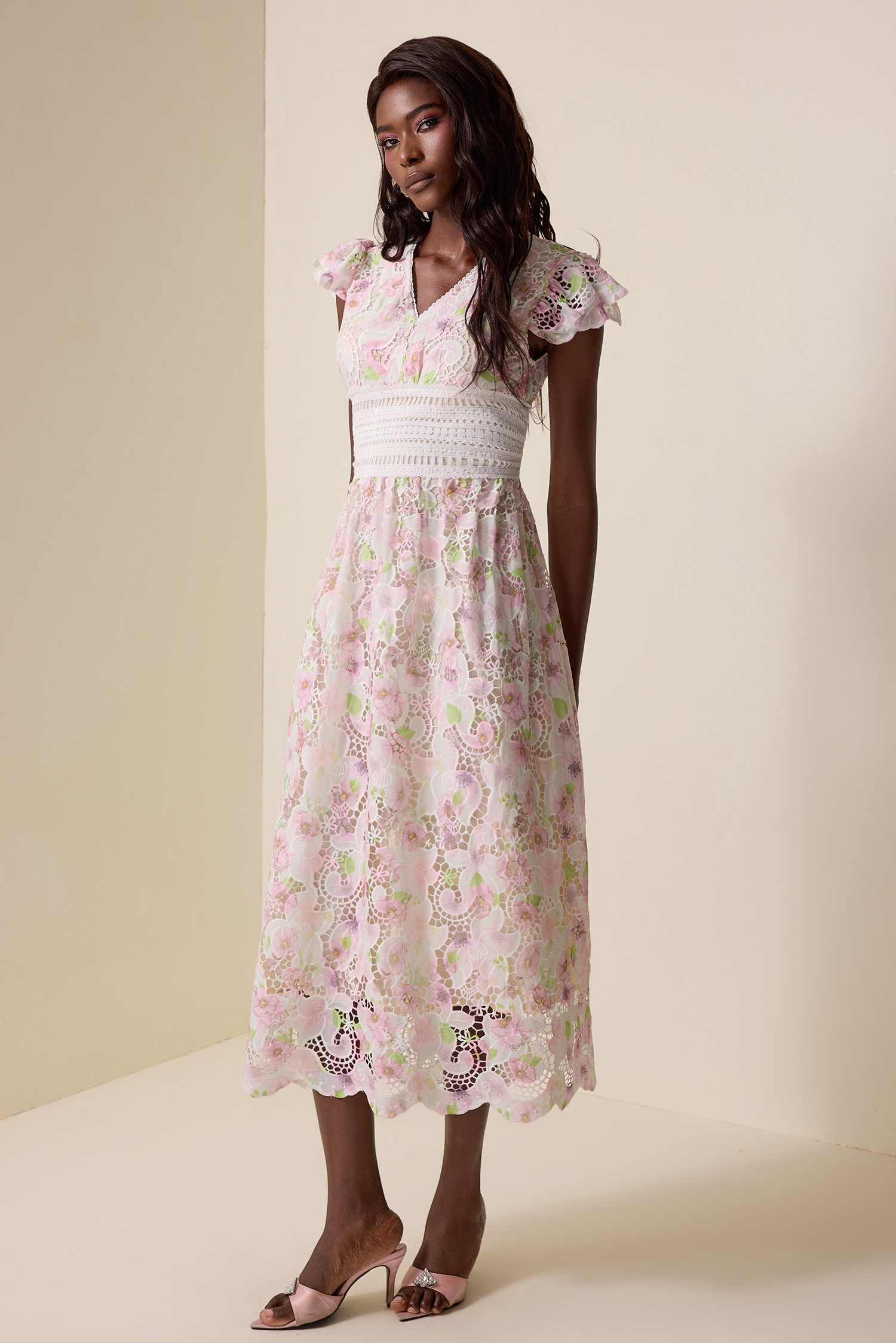 Lace Floral V-Neck Midi Dress