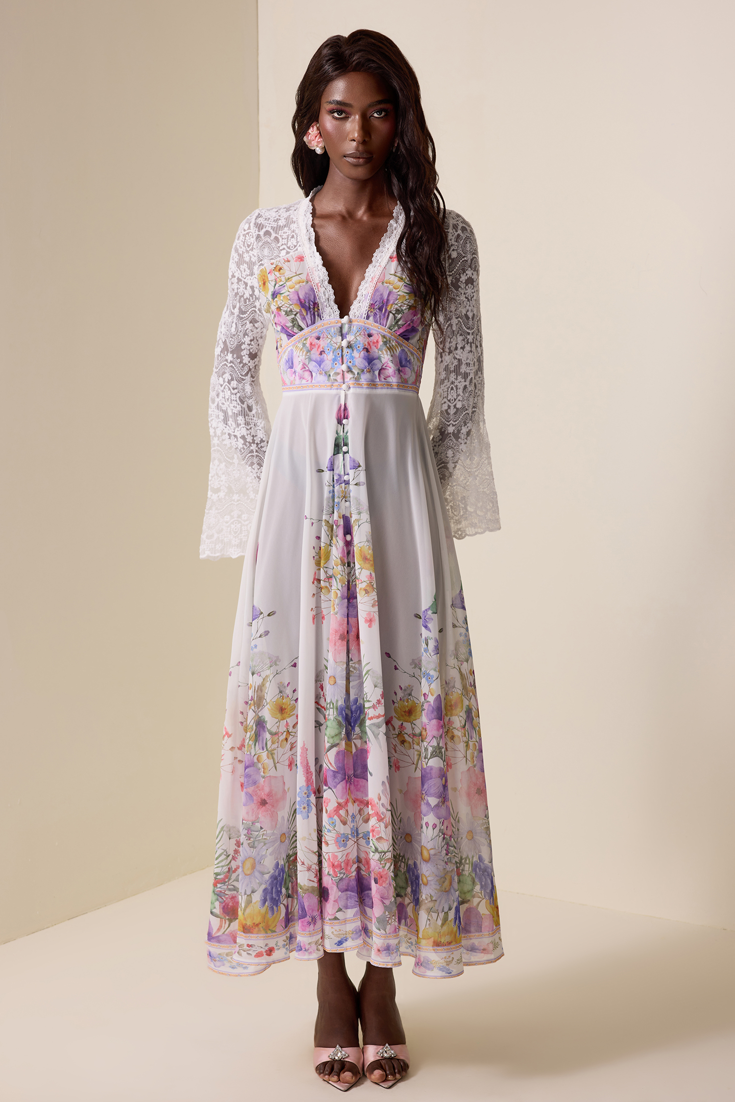 Lace Floral V-Neck Midi Dress