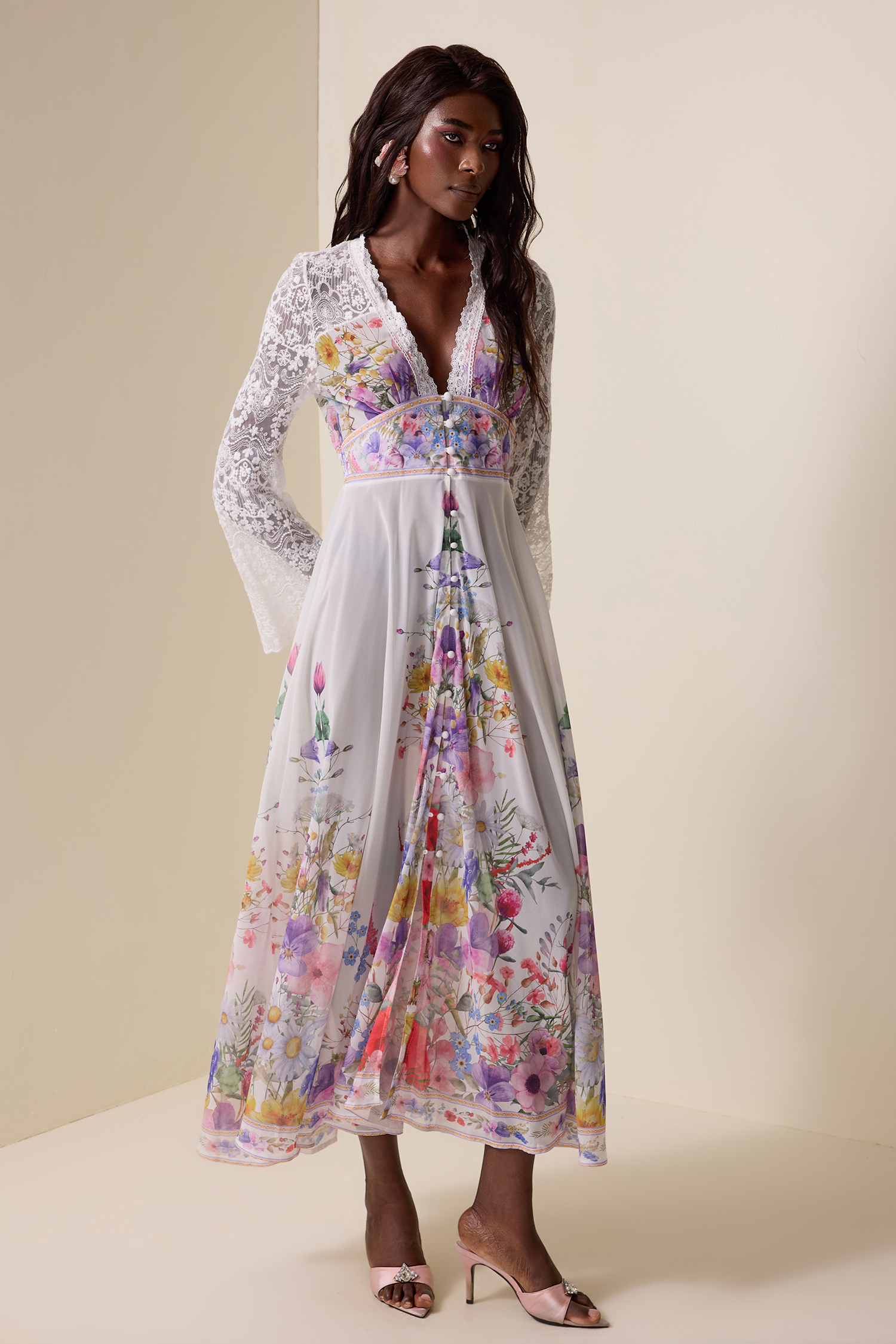 Lace Floral V-Neck Midi Dress