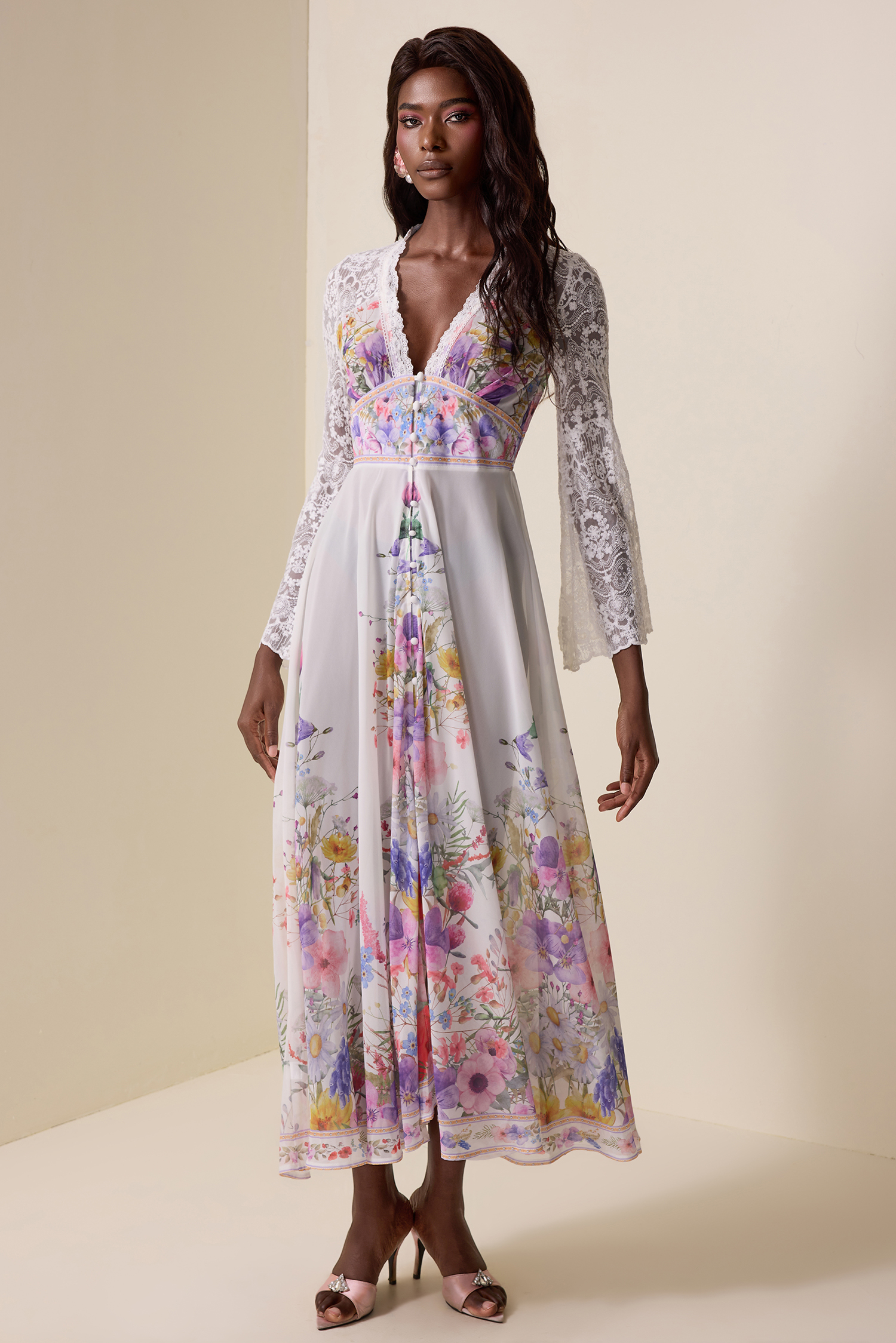 Lace Floral V-Neck Midi Dress