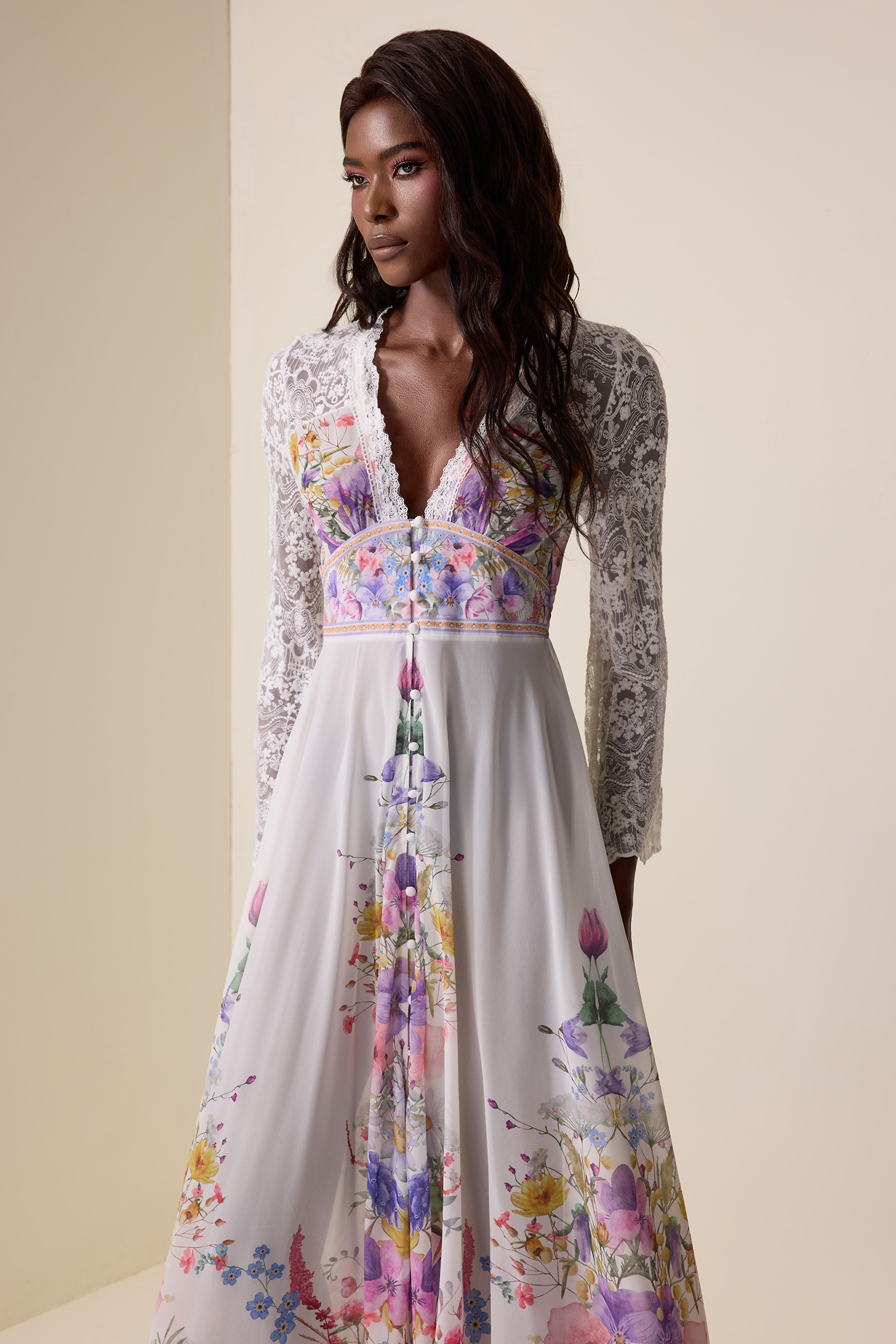 Lace Floral V-Neck Midi Dress