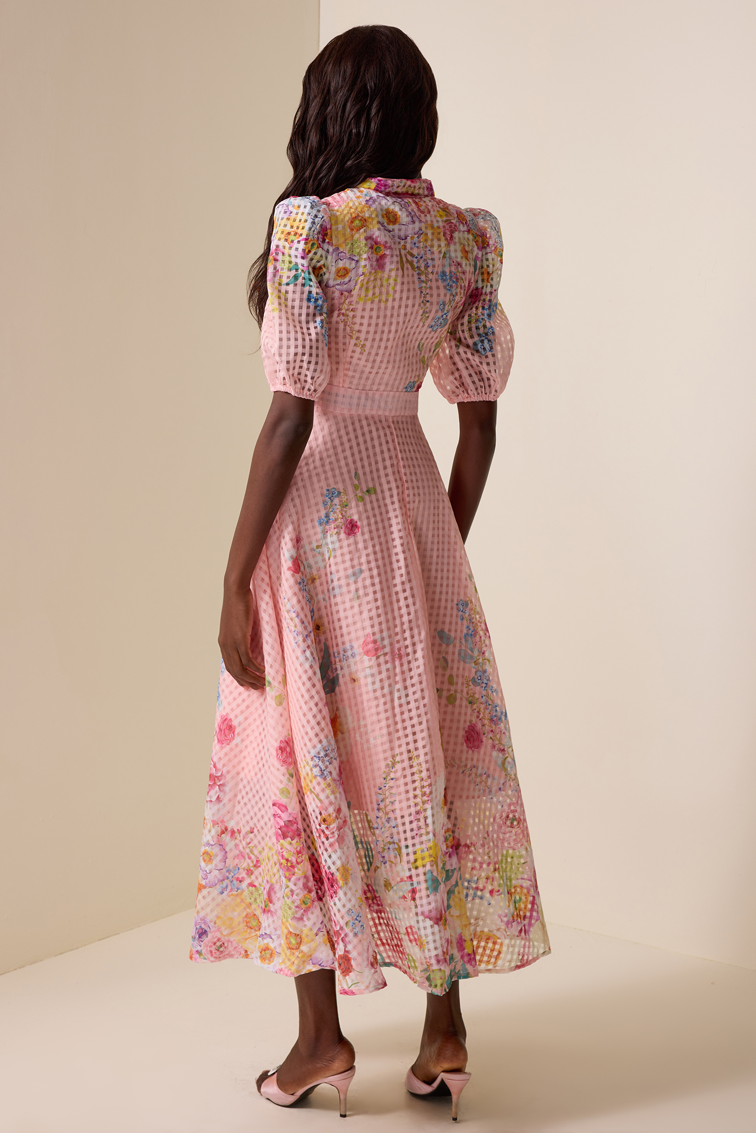 Floral Lace-Up Puff Sleeve Midi Dress