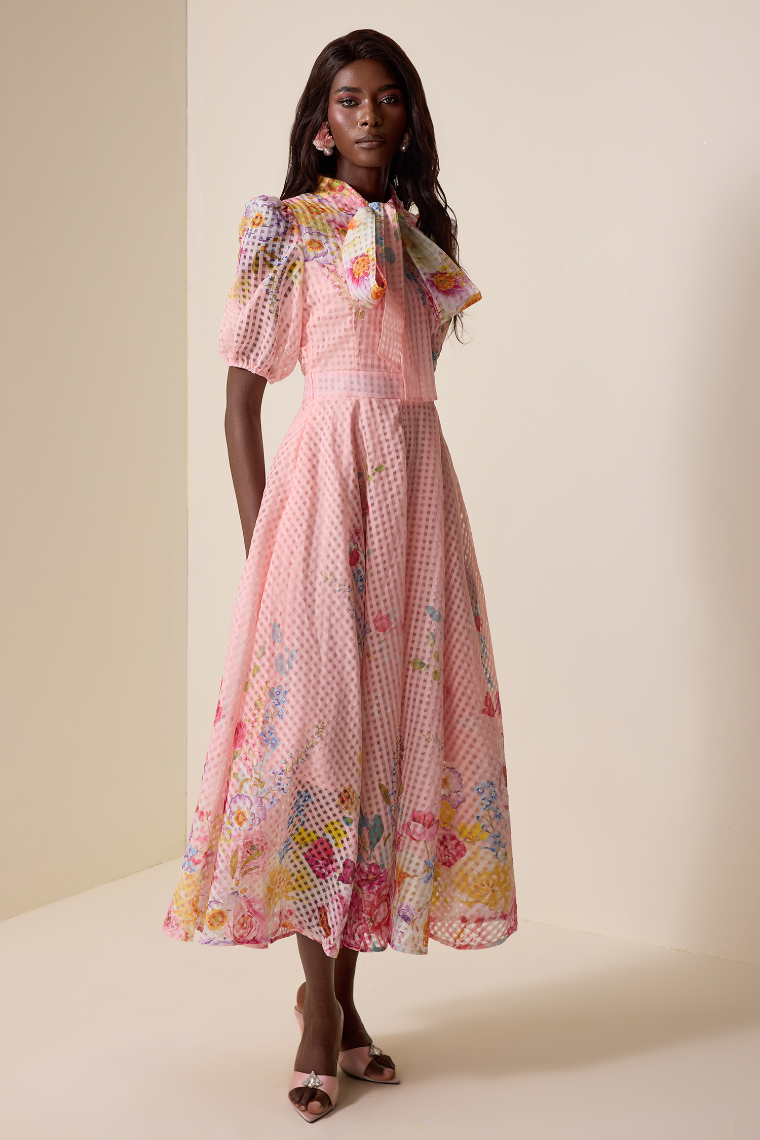 Floral Lace-Up Puff Sleeve Midi Dress