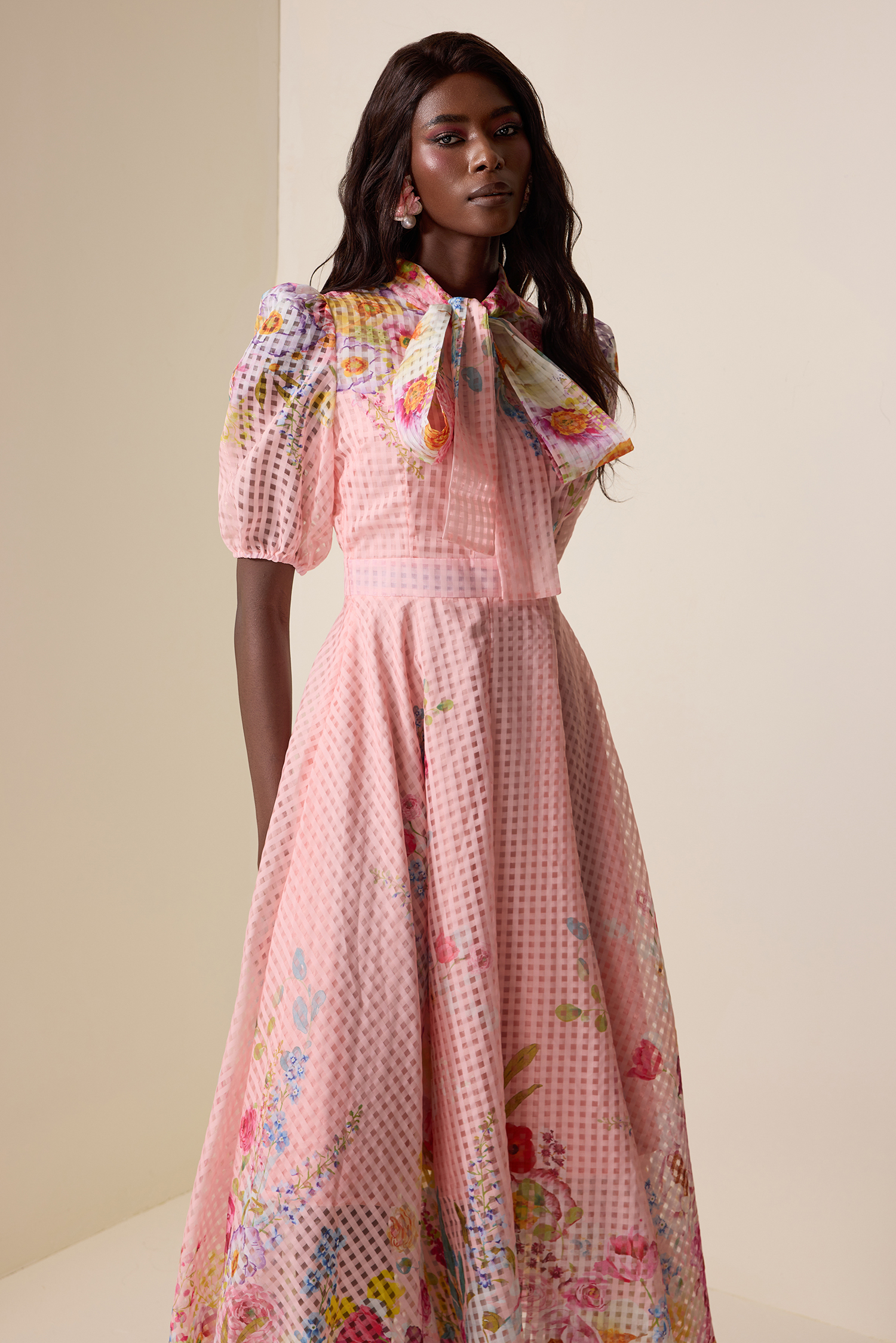 Floral Lace-Up Puff Sleeve Midi Dress