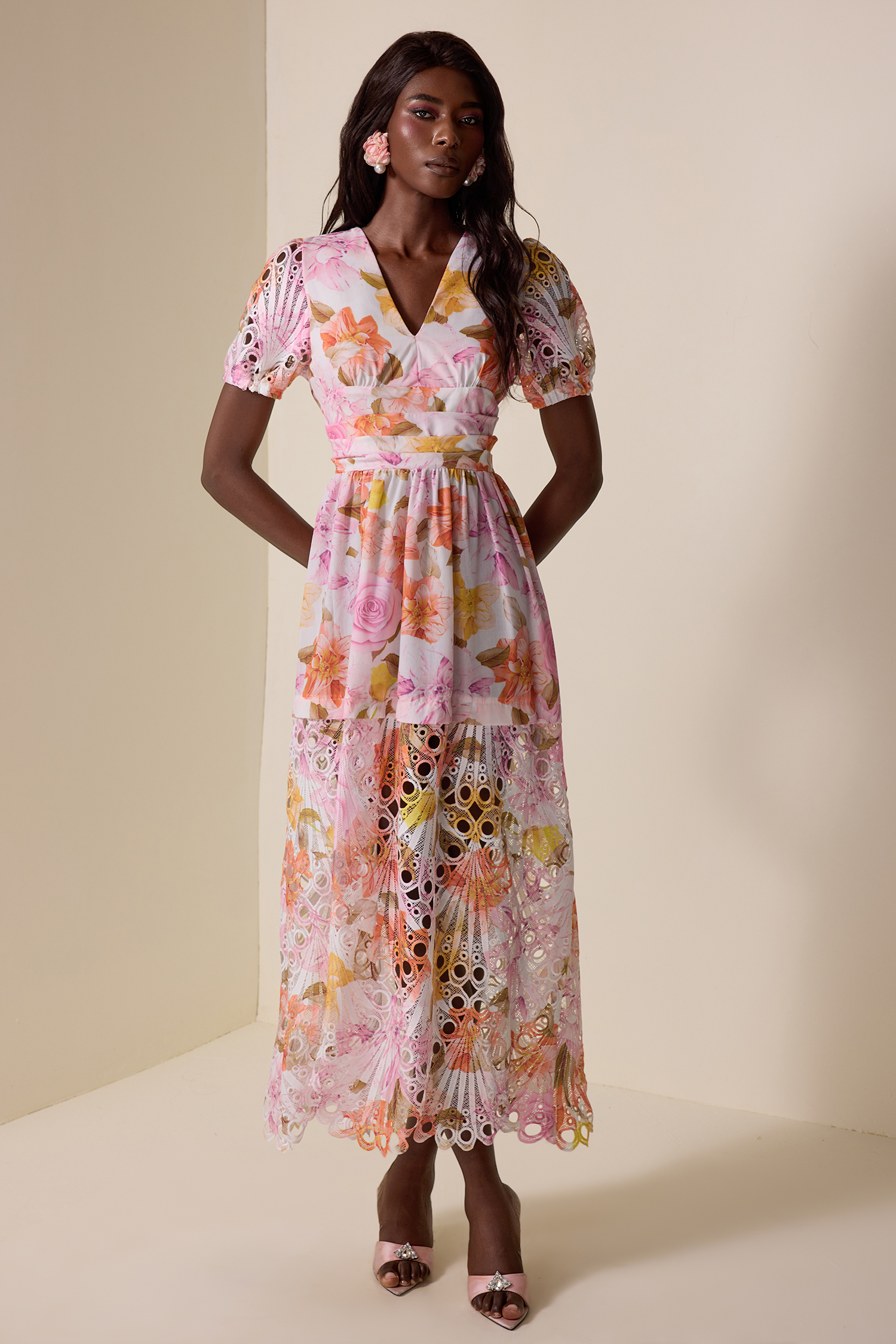 Floral Lace V-Neck Midi Dress