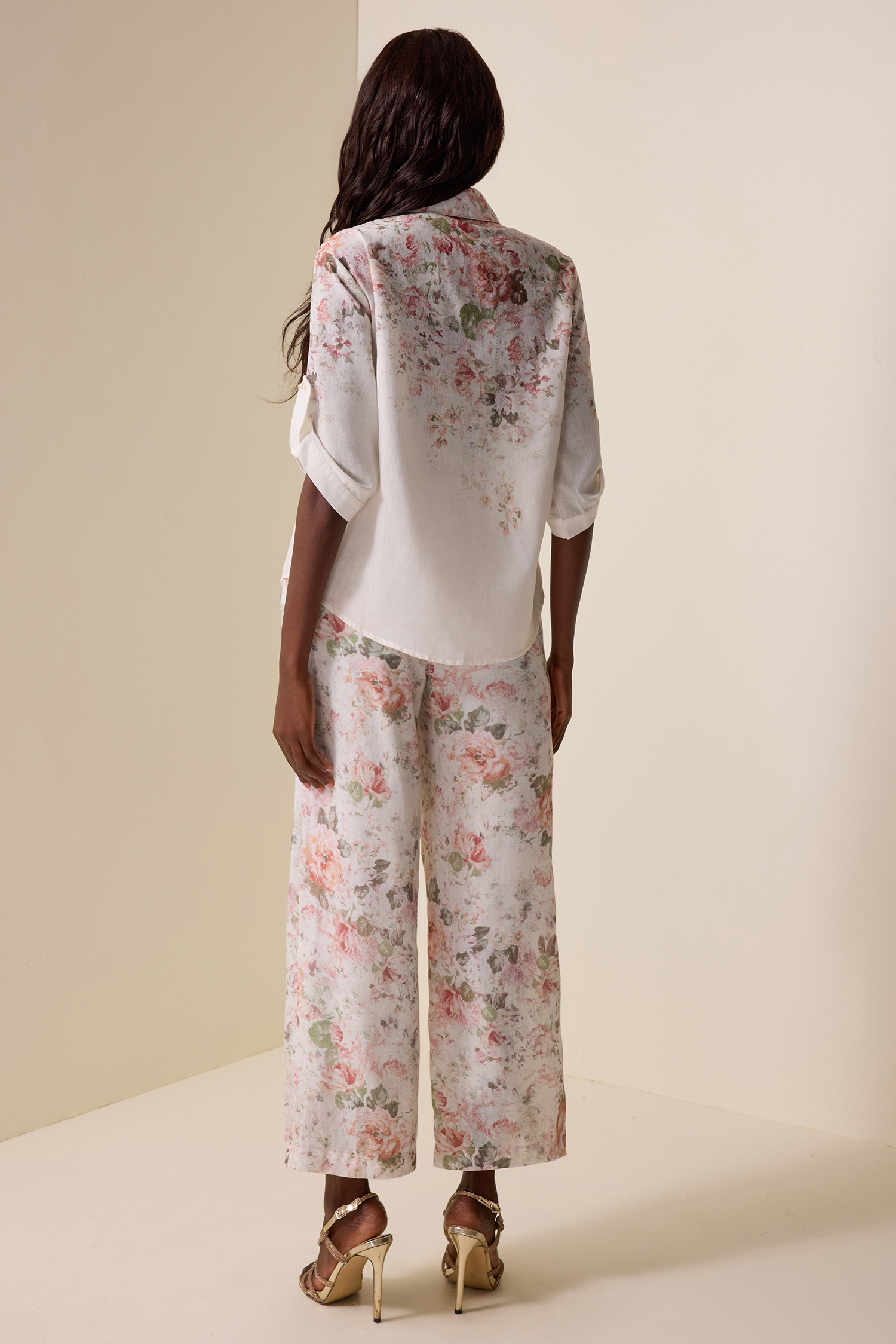 Floral Shirt Collar Long Sleeve Top & High Waist Pants Set