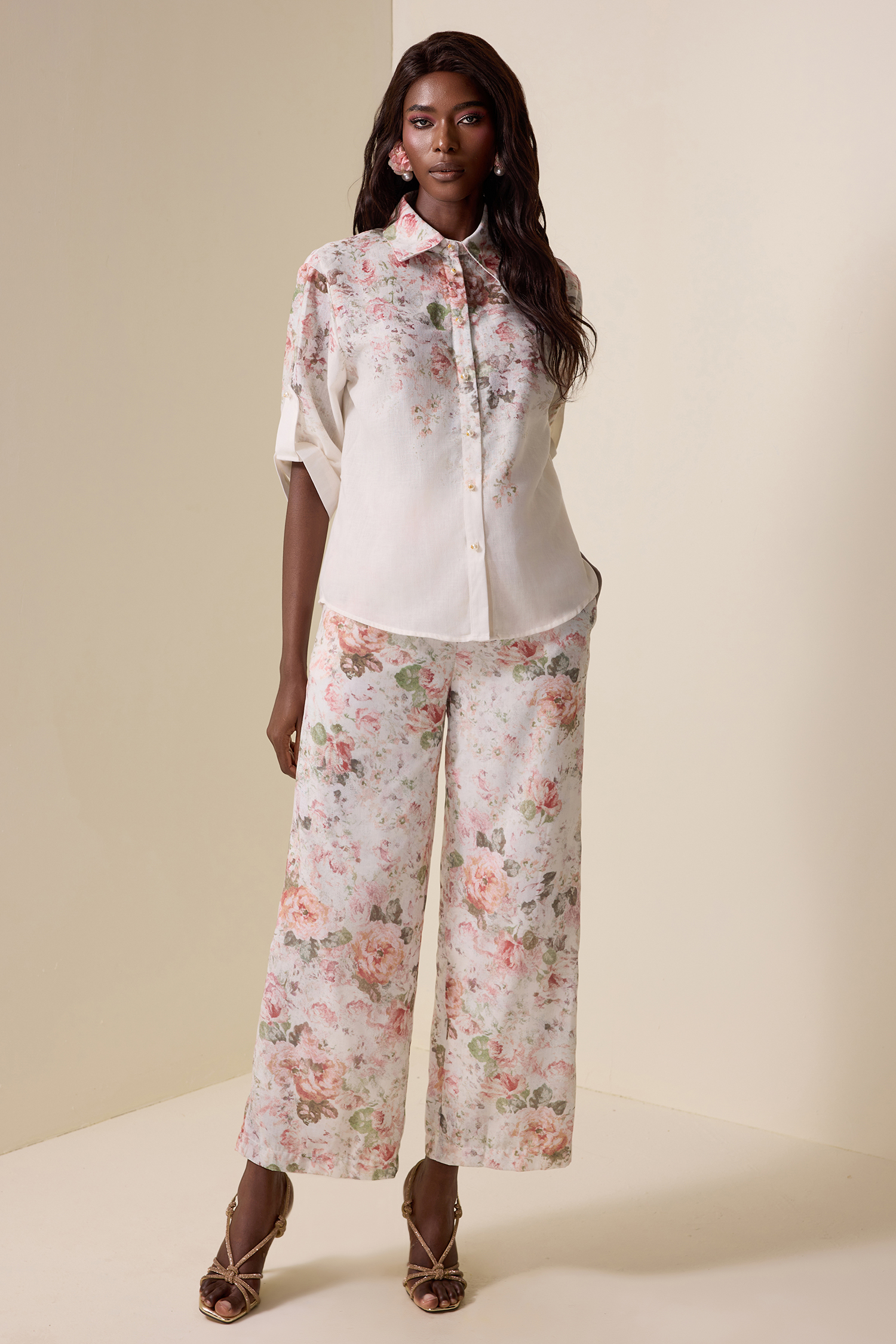 Floral Shirt Collar Long Sleeve Top & High Waist Pants Set