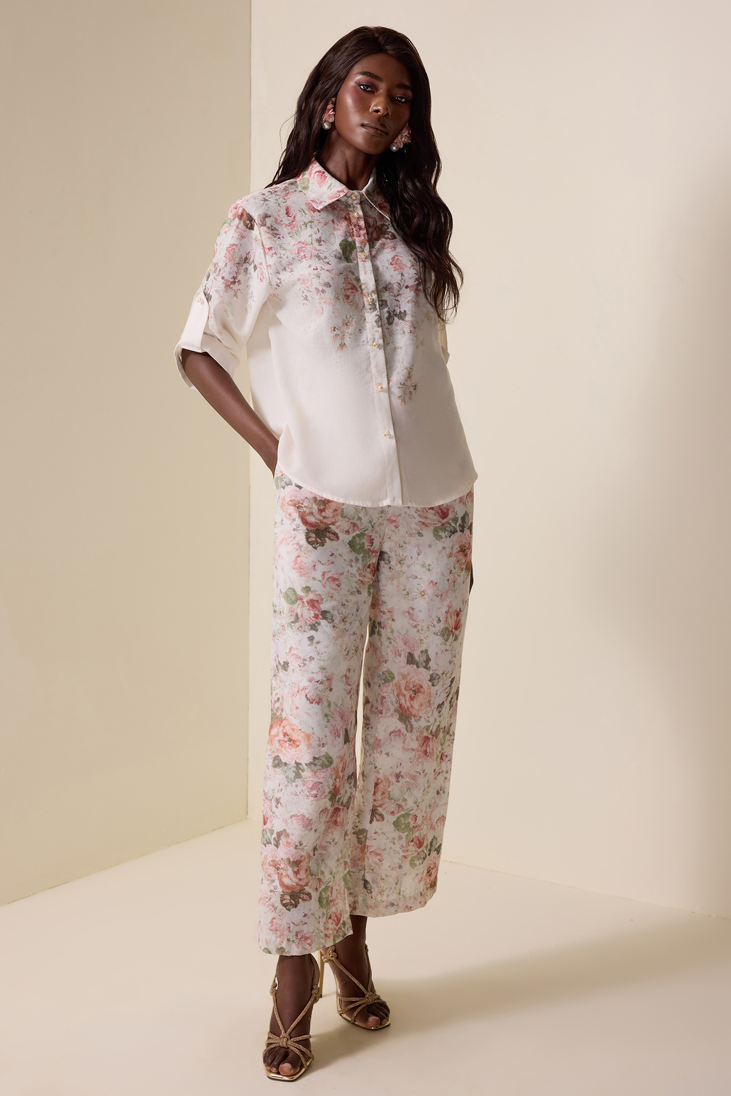Floral Shirt Collar Long Sleeve Top & High Waist Pants Set