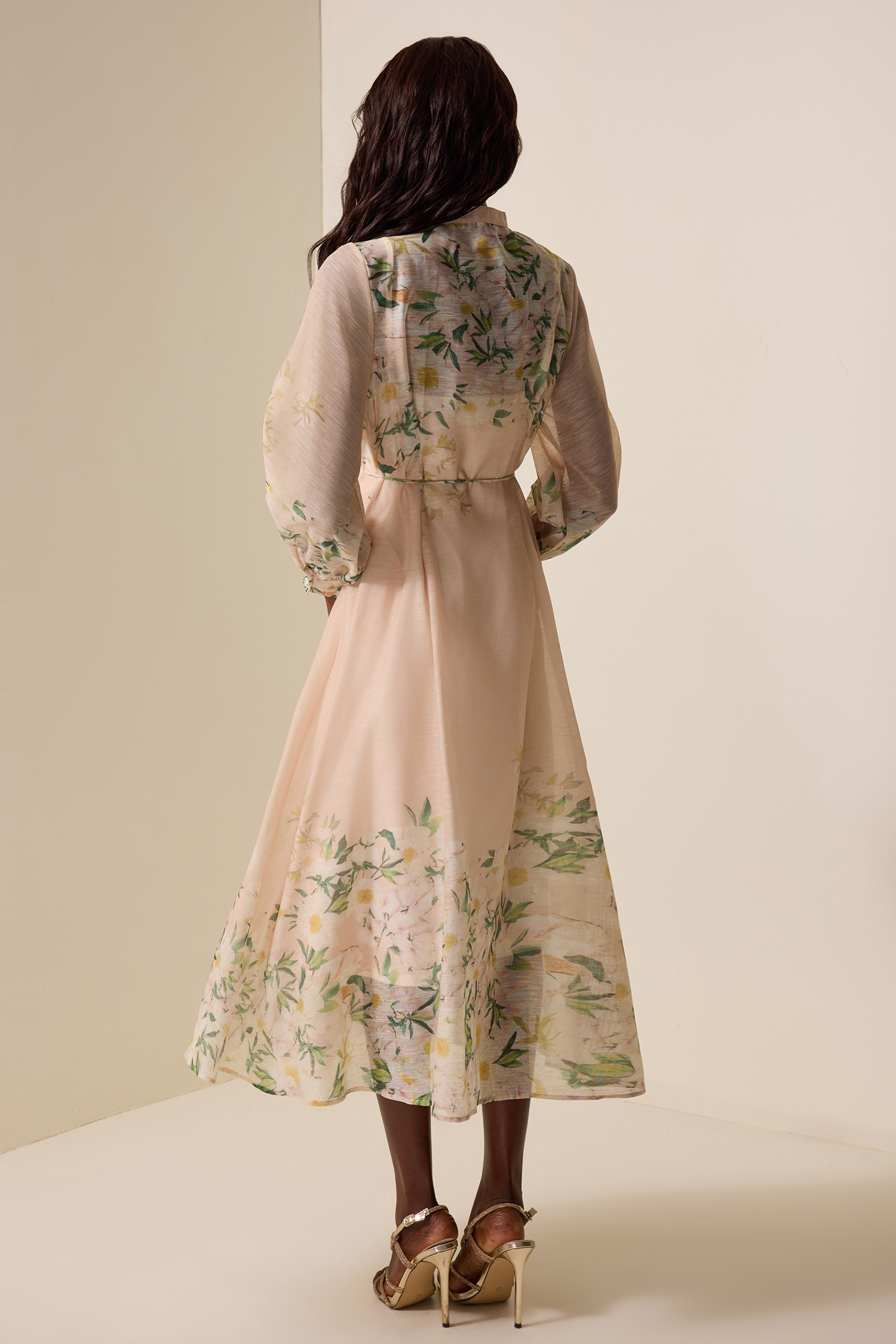 Floral Lace-Up Lantern Sleeve Midi Dress