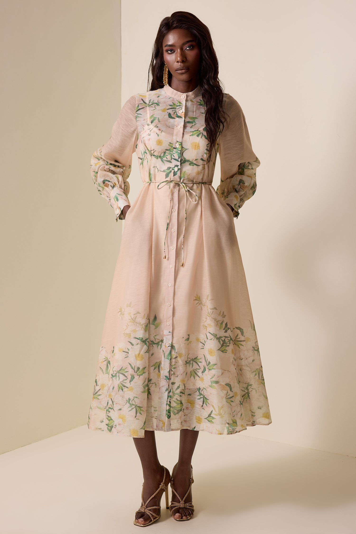 Floral Lace-Up Lantern Sleeve Midi Dress