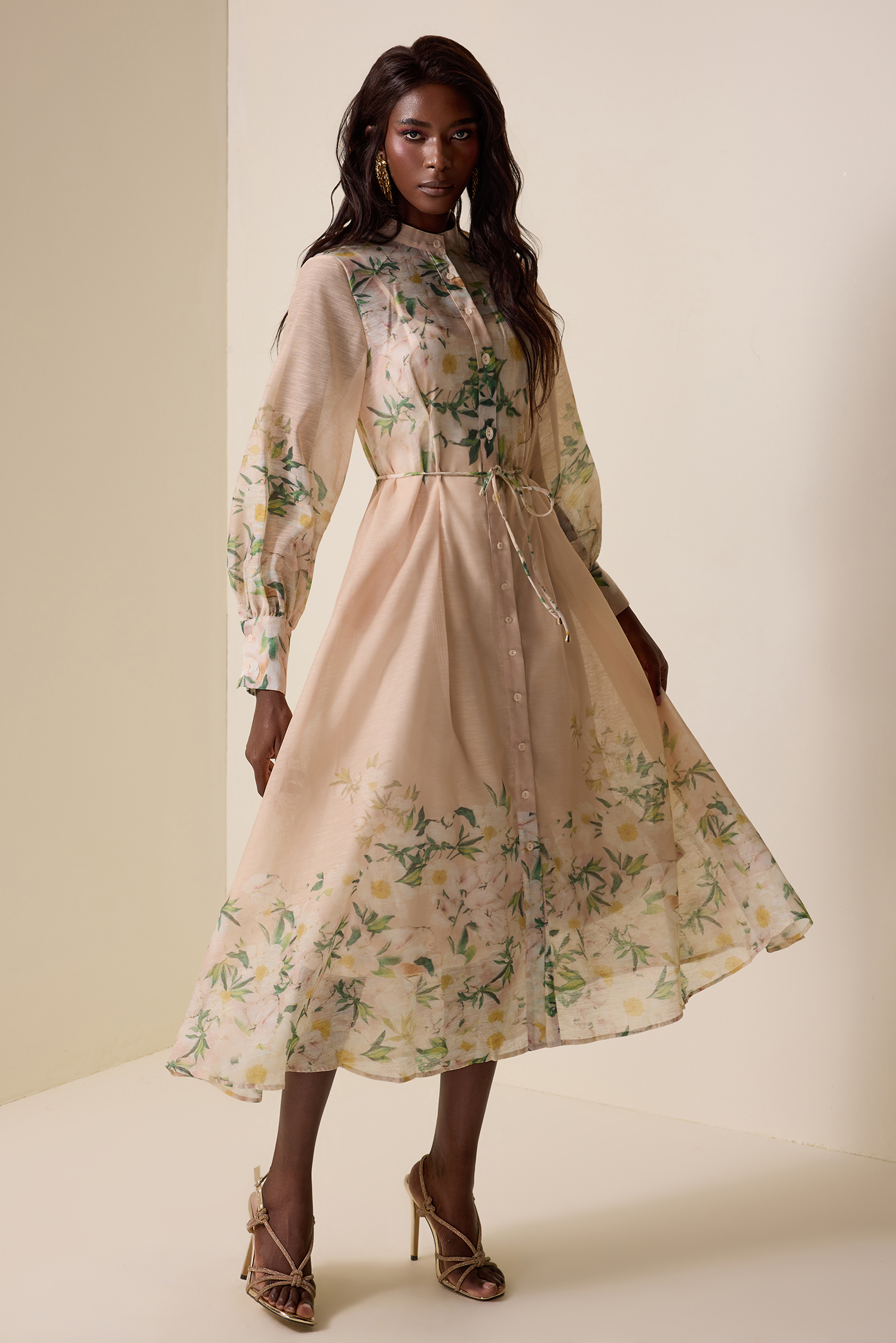 Floral Lace-Up Lantern Sleeve Midi Dress