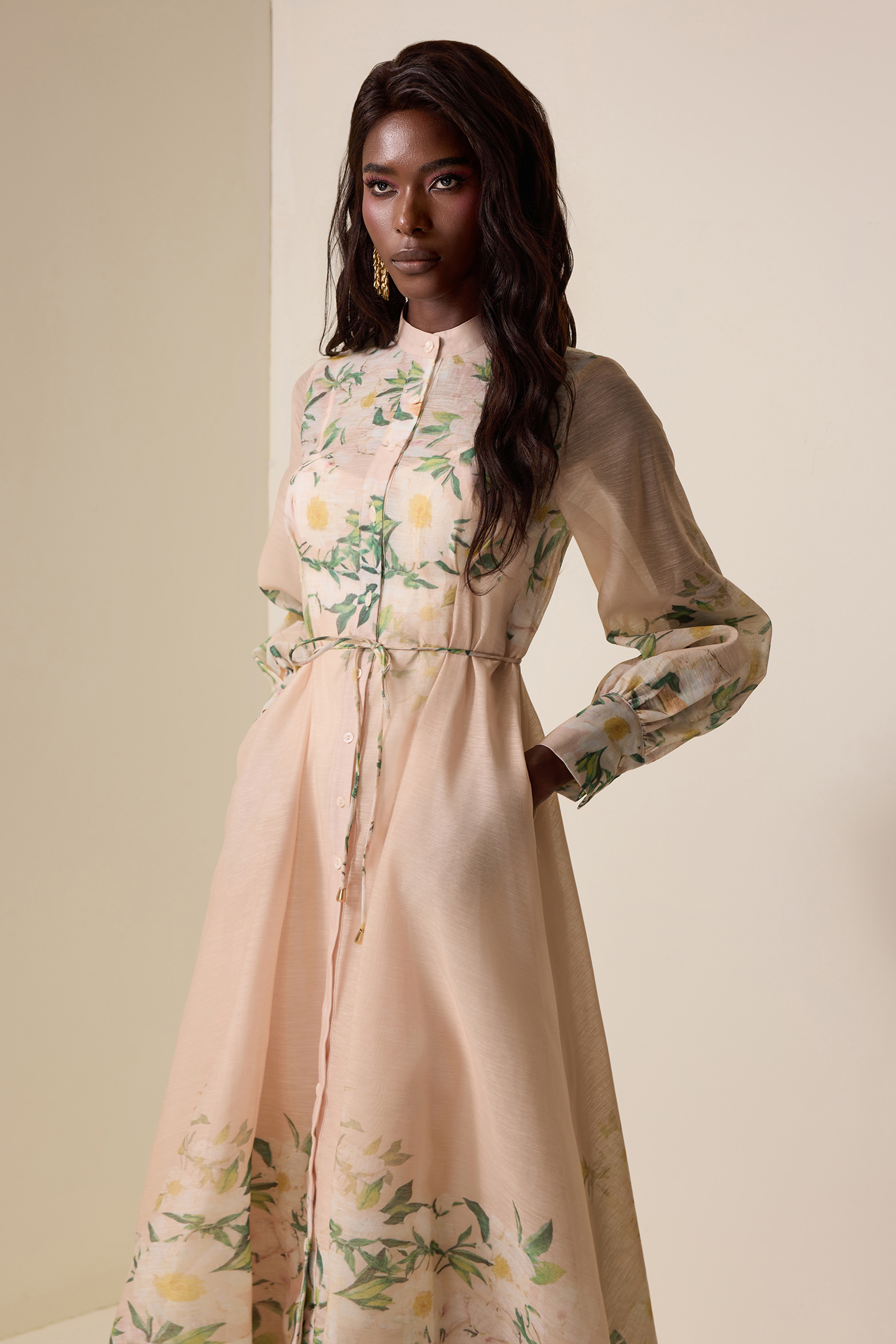 Floral Lace-Up Lantern Sleeve Midi Dress