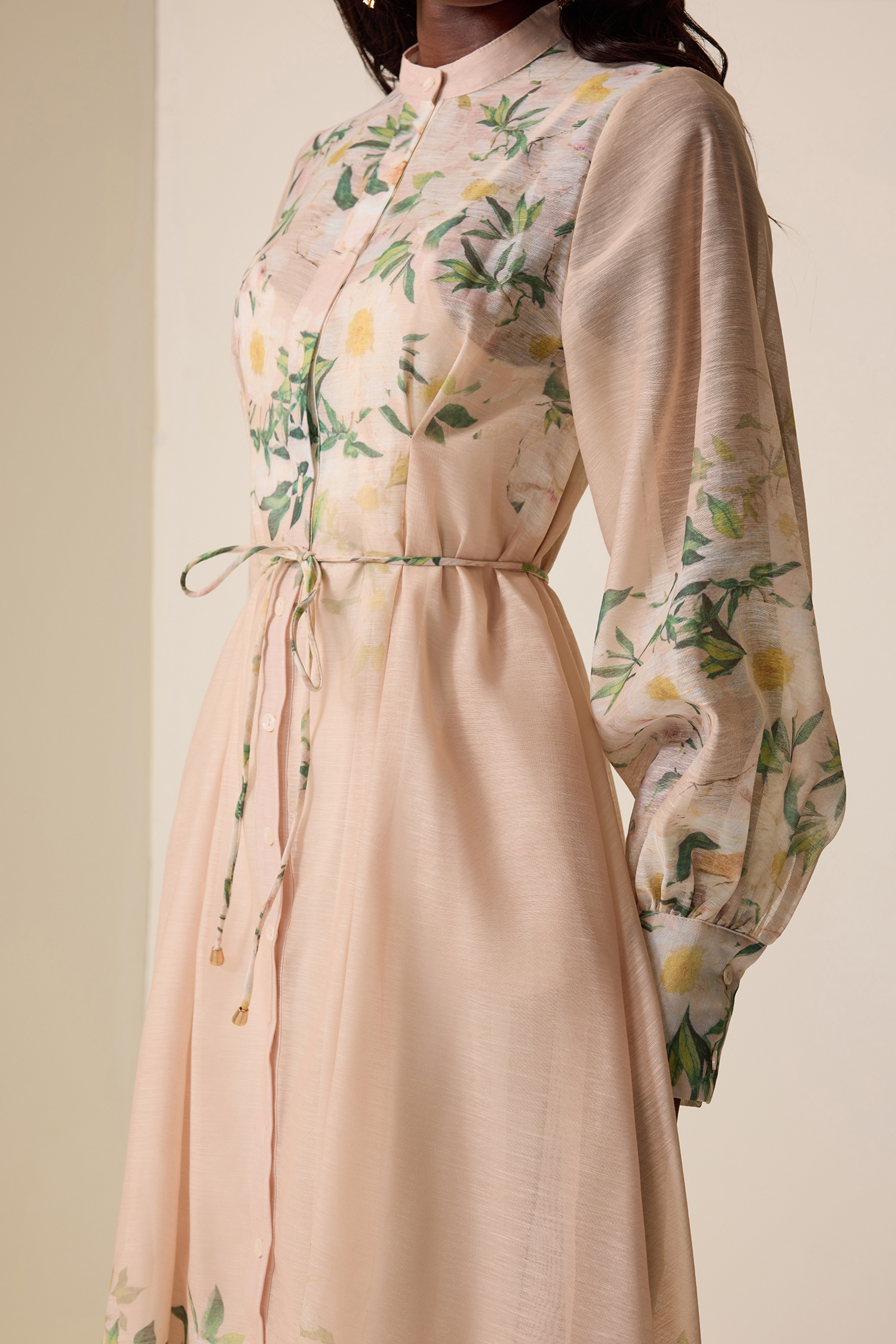 Floral Lace-Up Lantern Sleeve Midi Dress