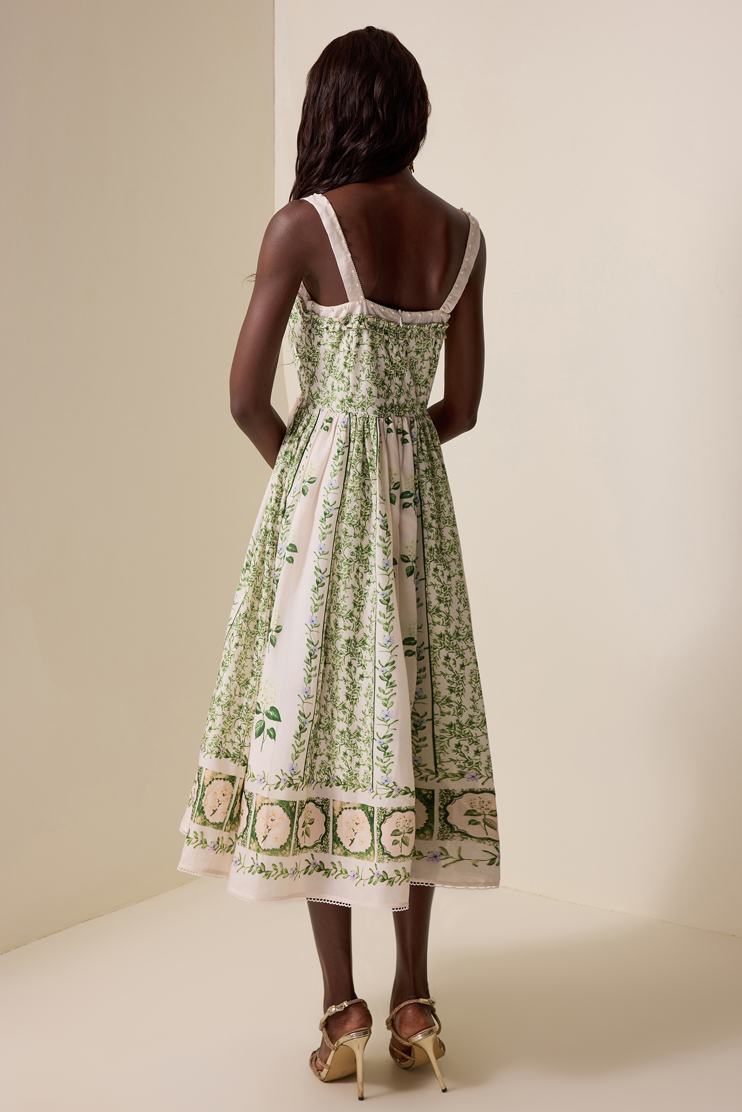 Floral Square Collar Faux Pearl Midi Dress