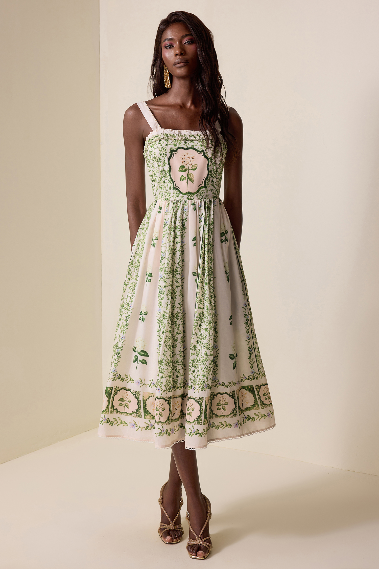 Floral Square Collar Faux Pearl Midi Dress