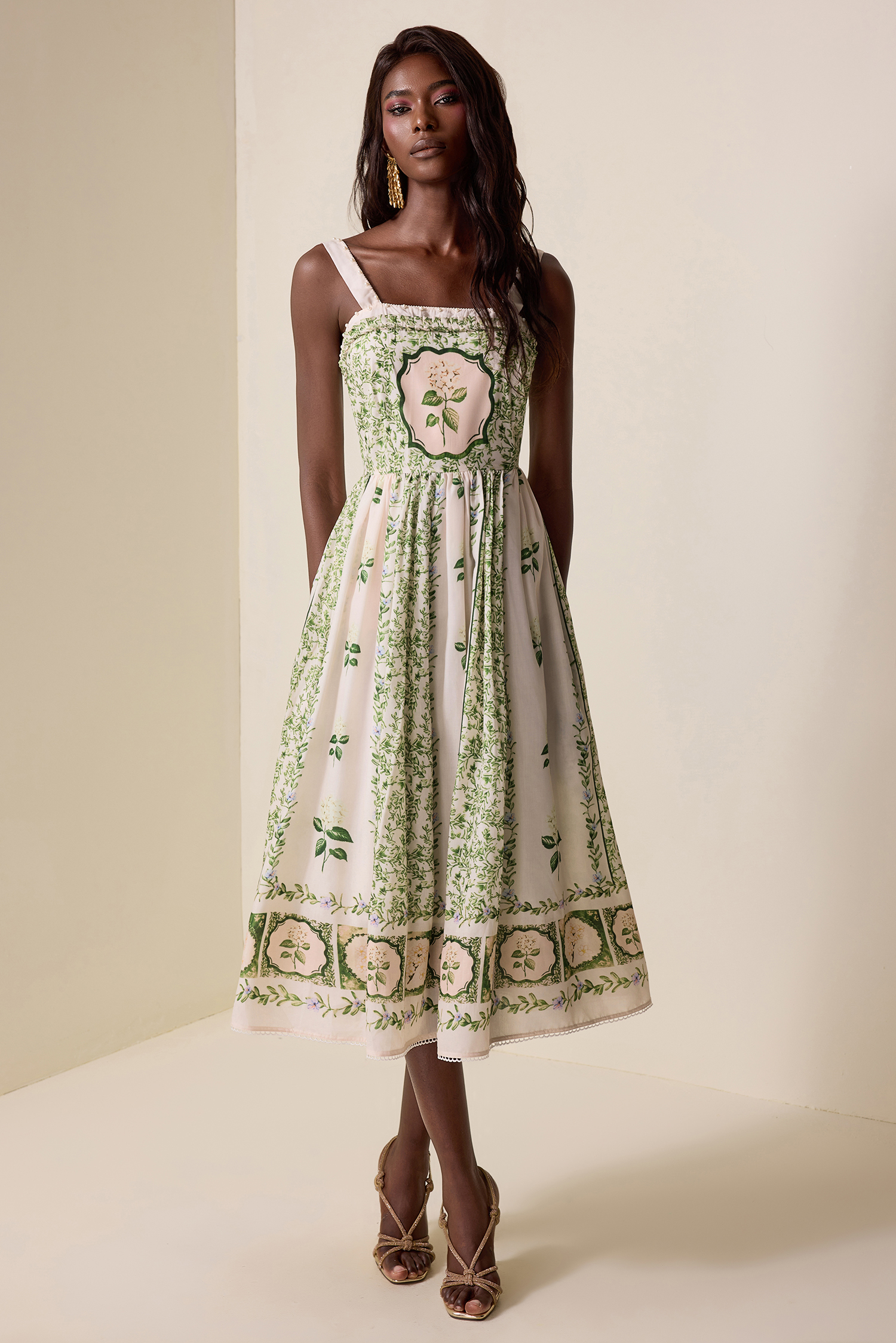 Floral Square Collar Faux Pearl Midi Dress