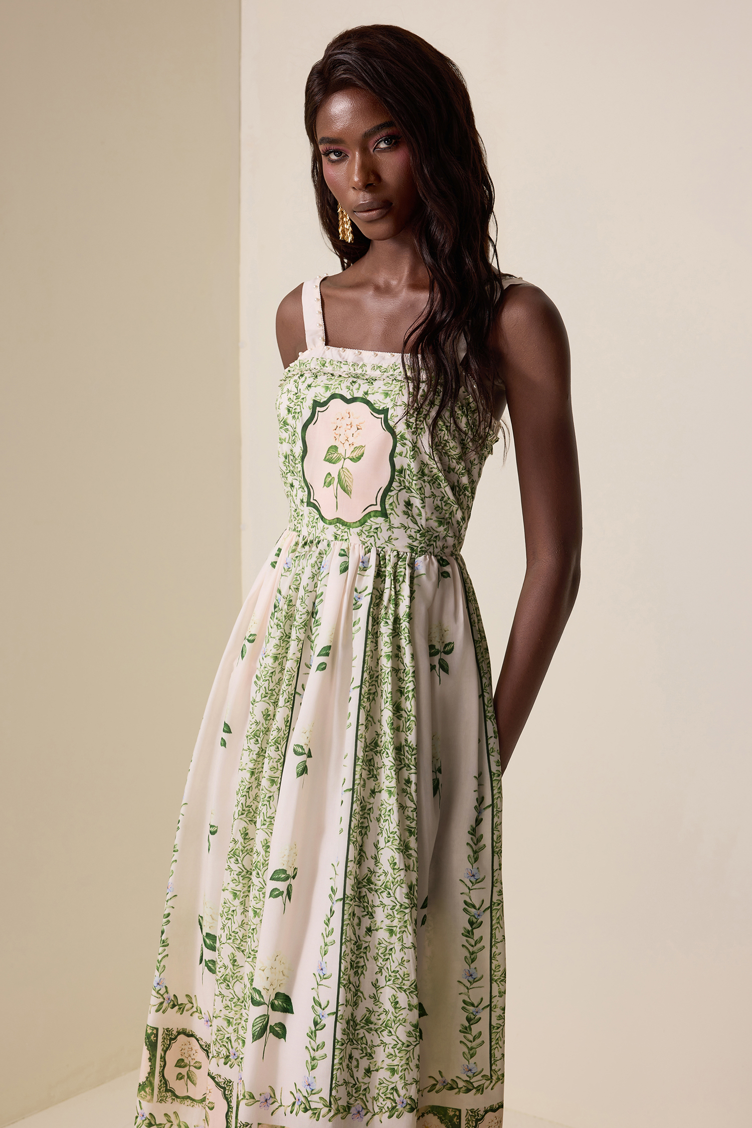 Floral Square Collar Faux Pearl Midi Dress