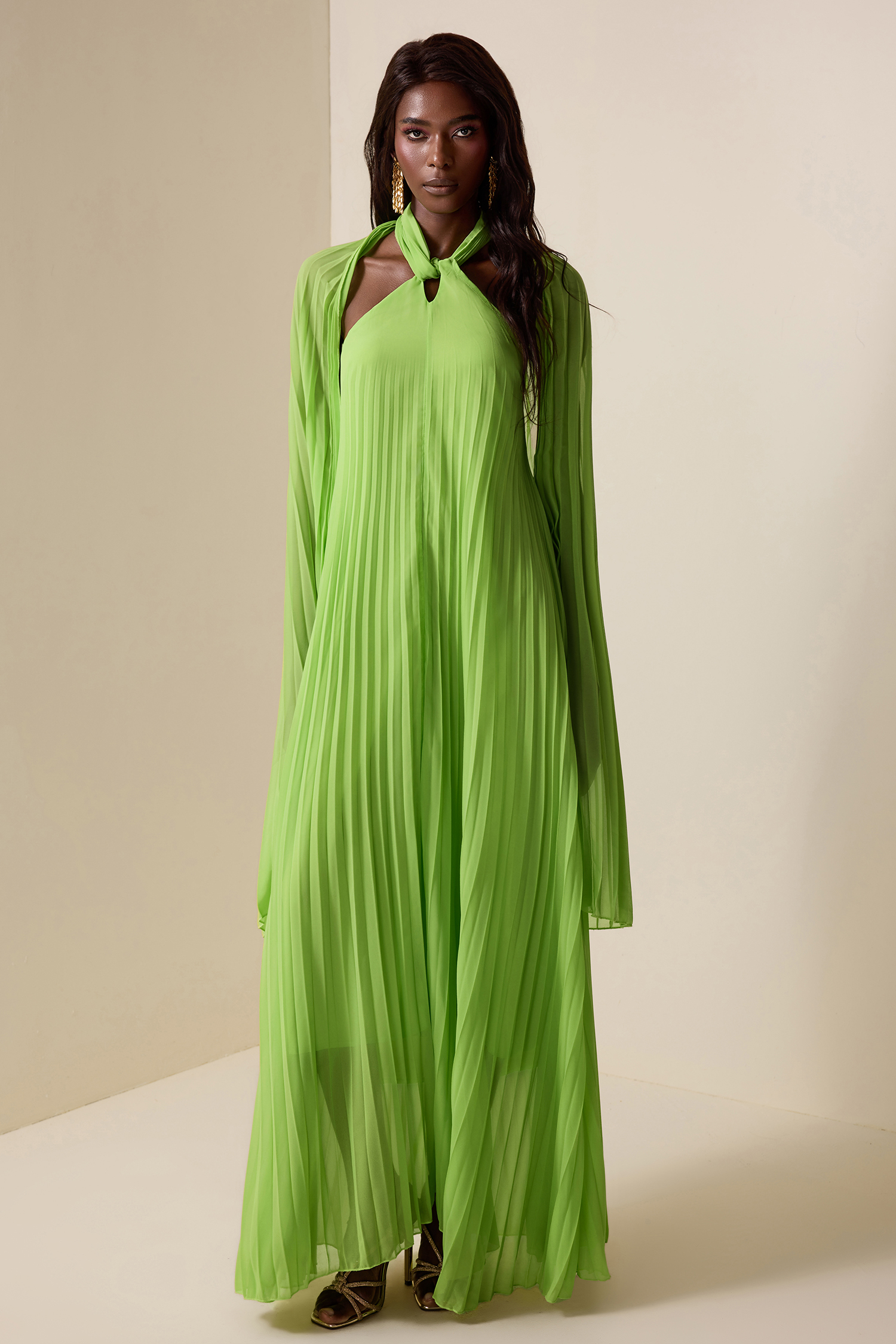 Chiffon Pleated Knotted Maxi Dress