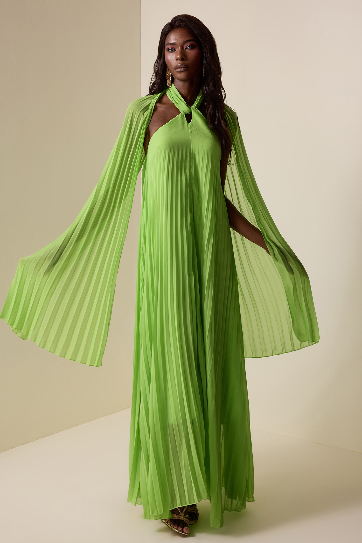 Chiffon Pleated Knotted Maxi Dress