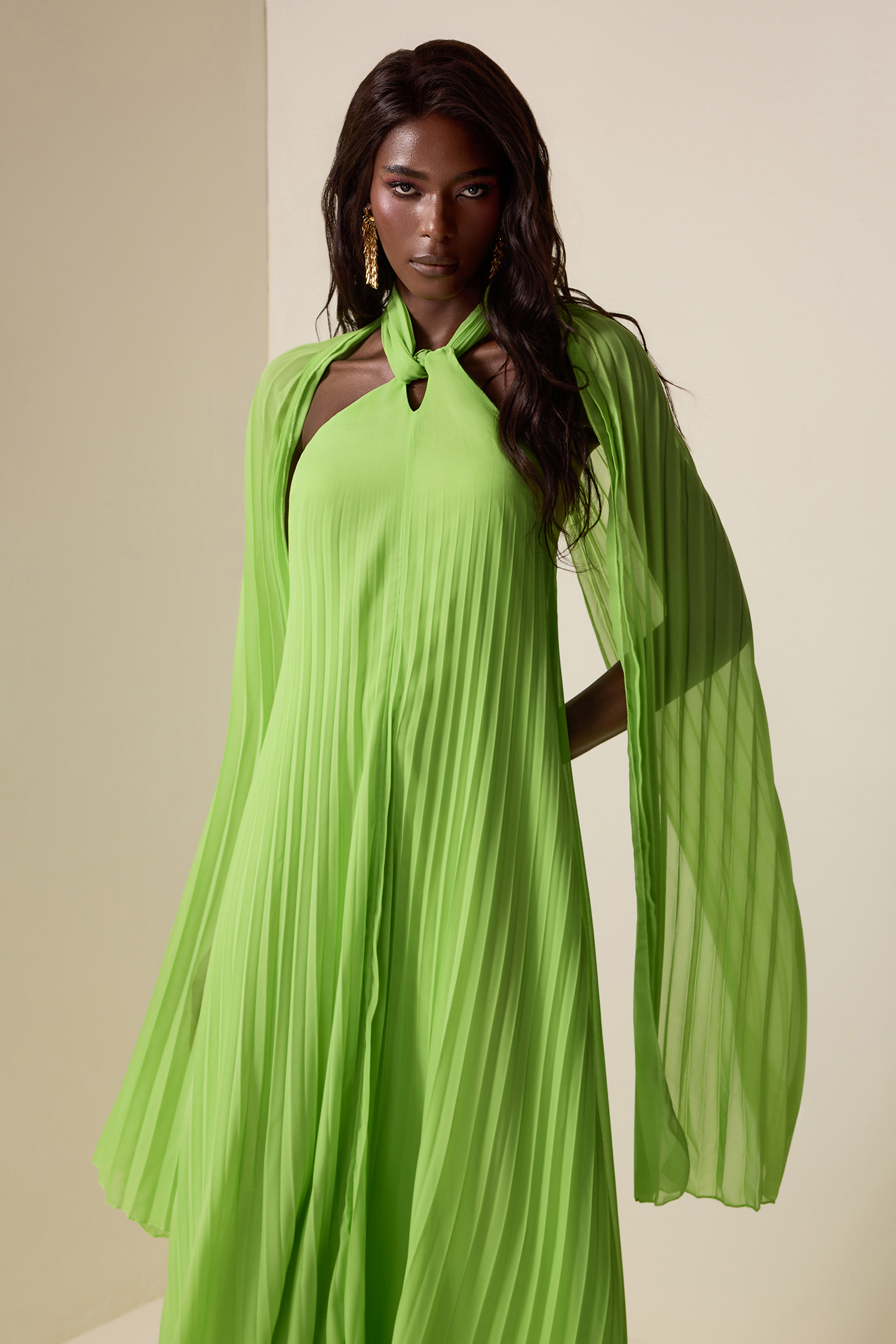 Chiffon Pleated Knotted Maxi Dress