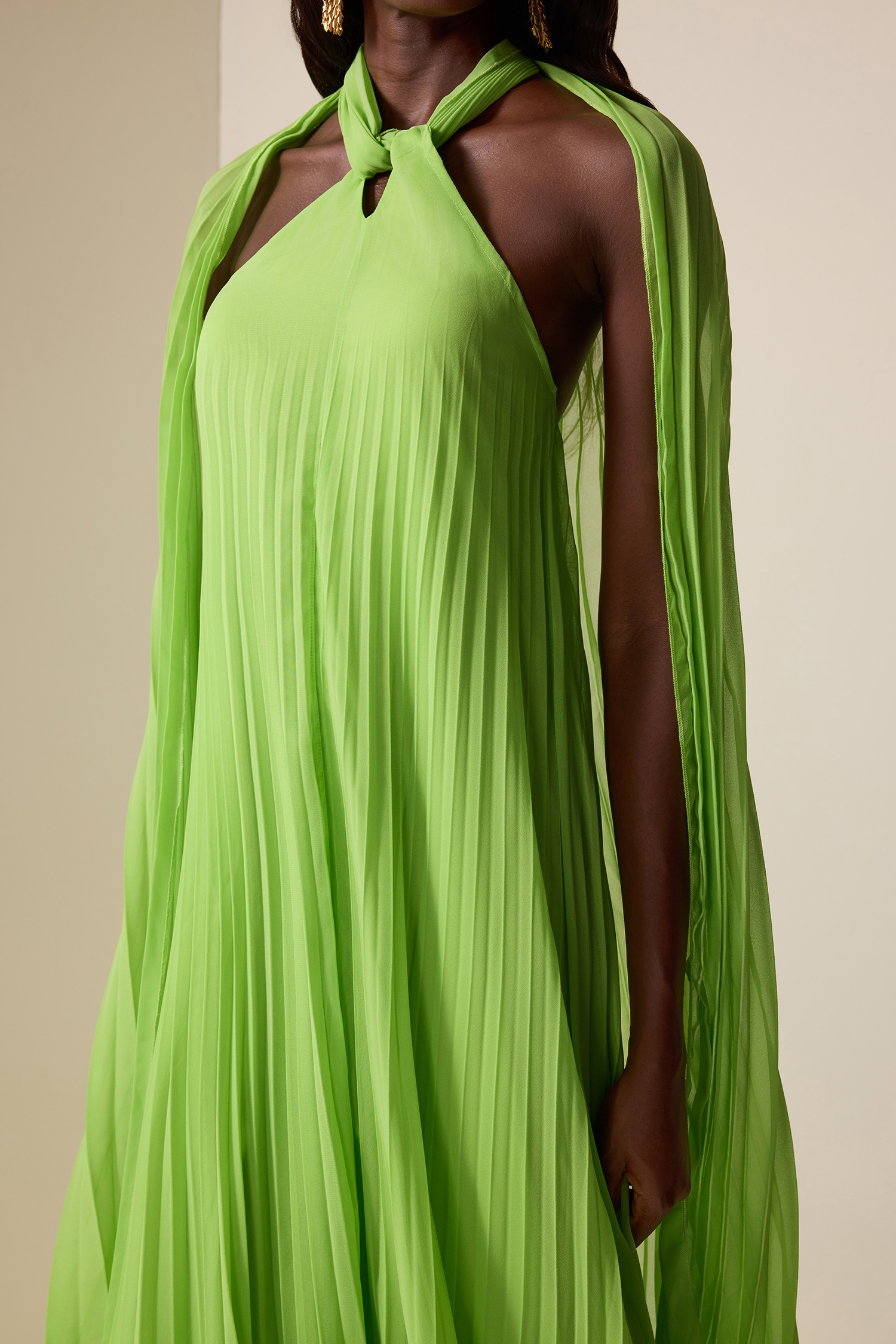 Chiffon Pleated Knotted Maxi Dress