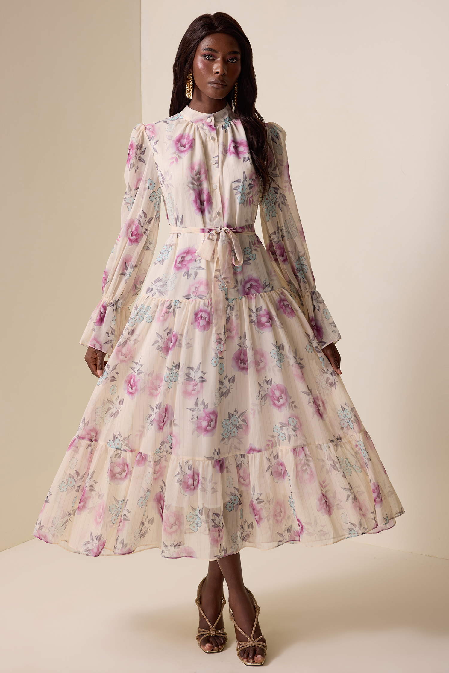 Floral Luxury Lantern Sleeve Midi Dress