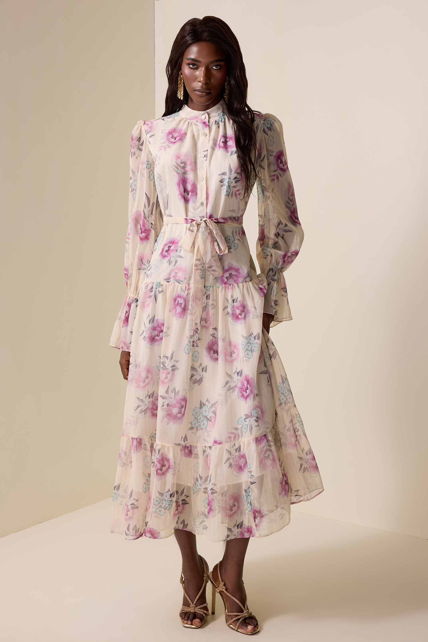 Floral Luxury Lantern Sleeve Midi Dress