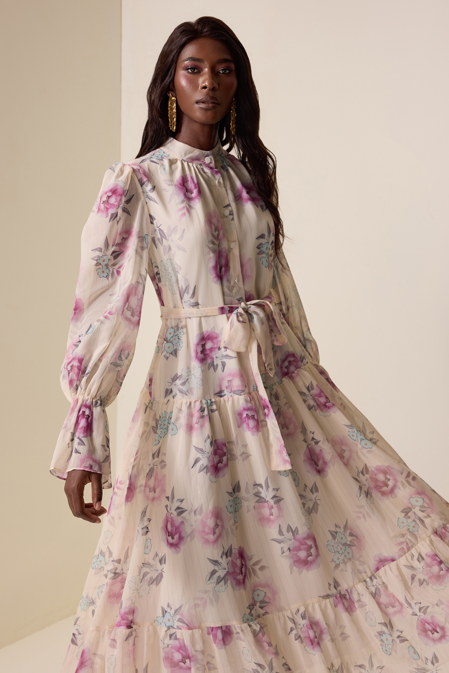 Floral Luxury Lantern Sleeve Midi Dress