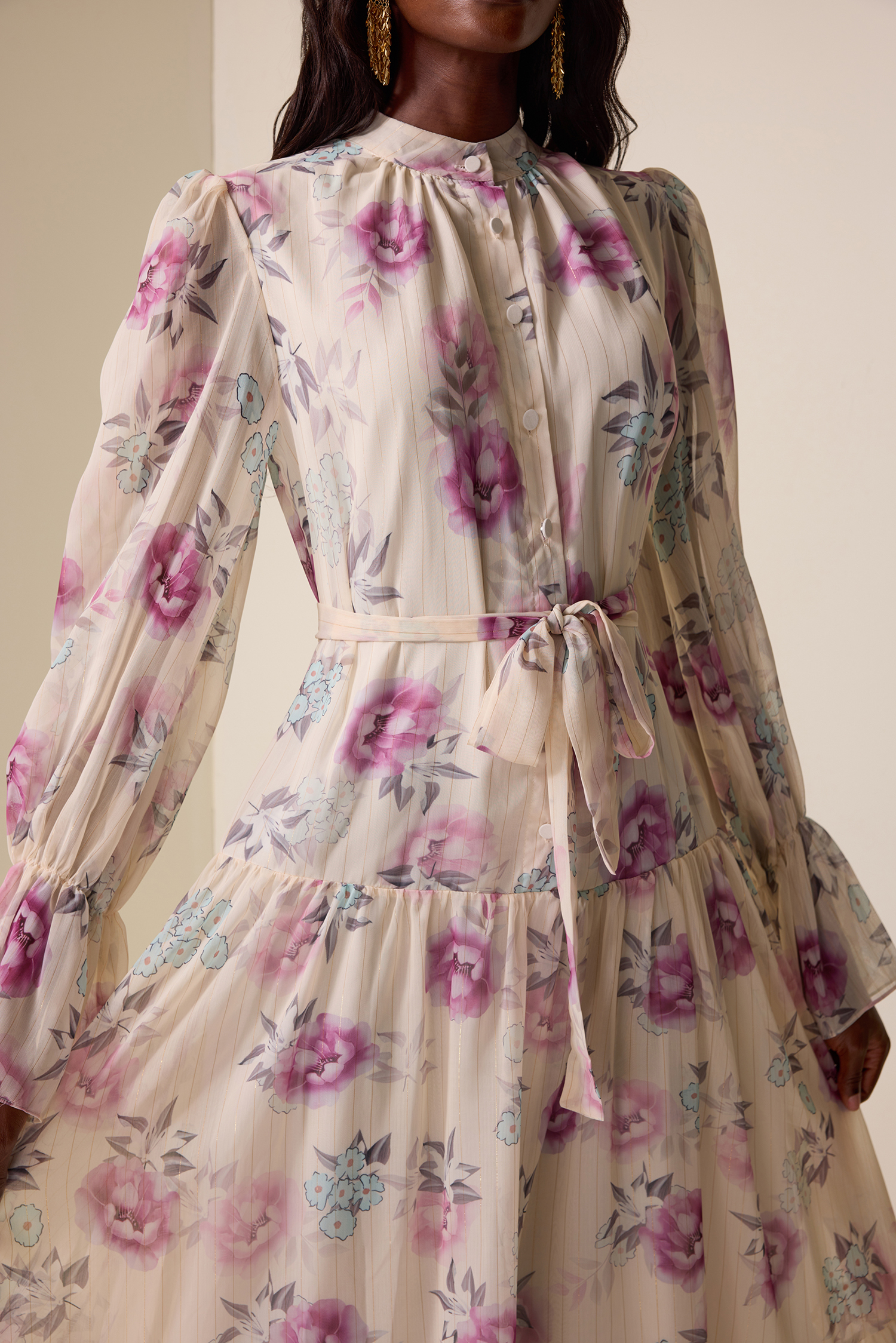 Floral Luxury Lantern Sleeve Midi Dress