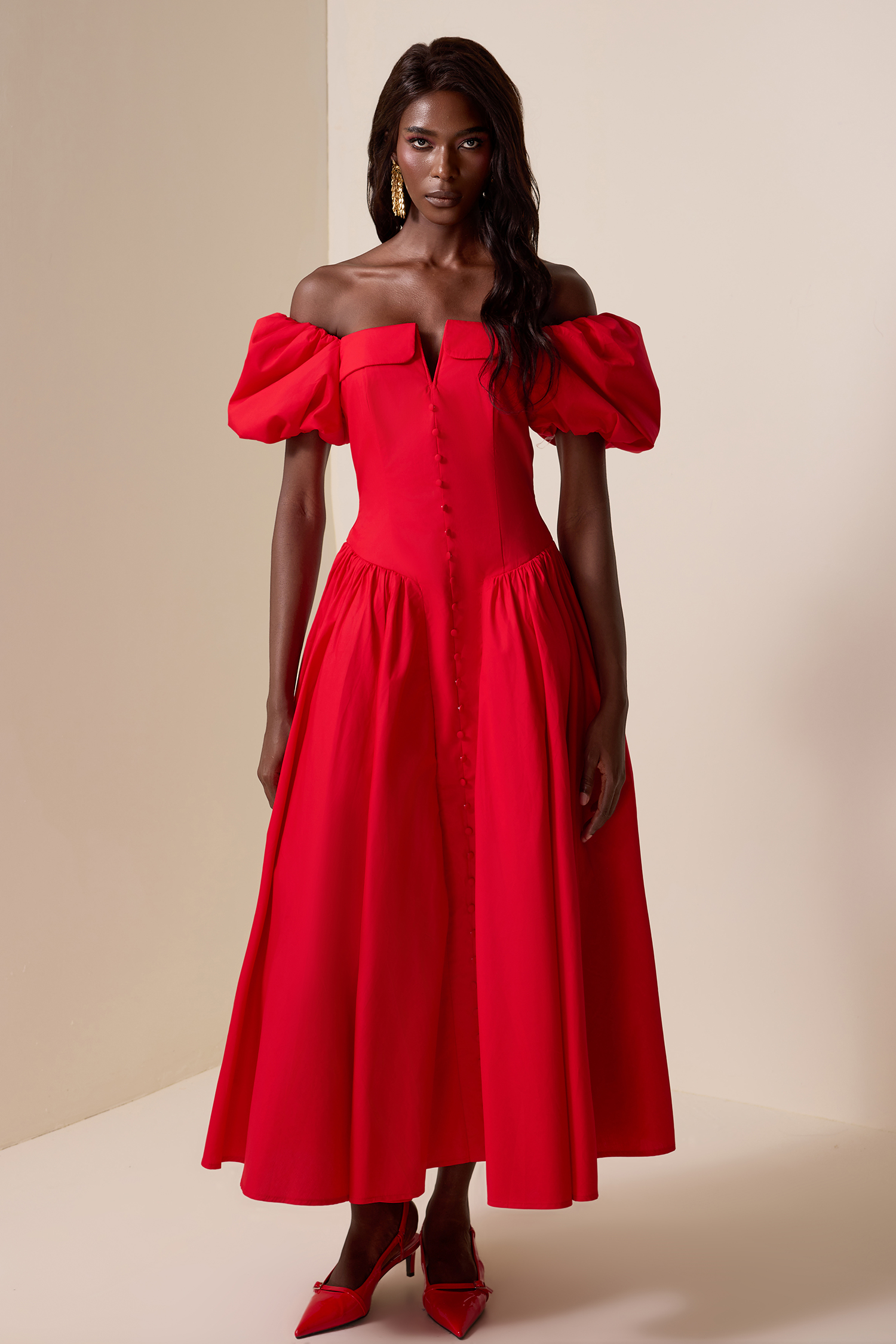 Solid Puff Sleeve Single Breasted Midi Dress