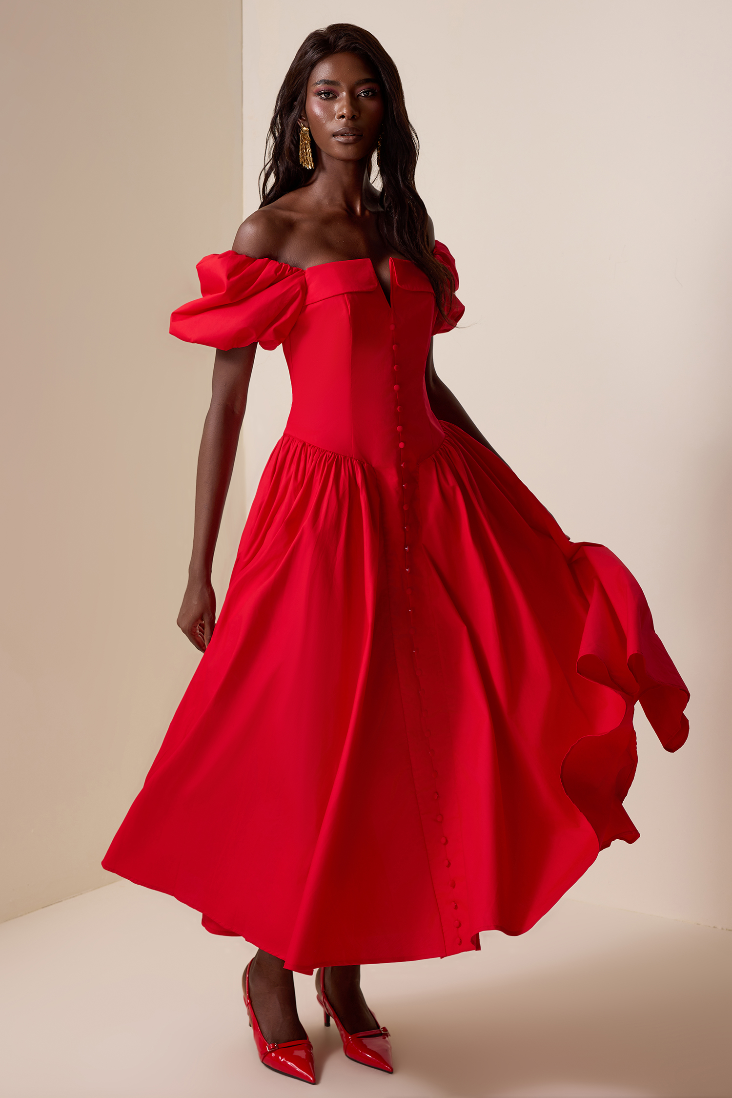 Solid Puff Sleeve Single Breasted Midi Dress