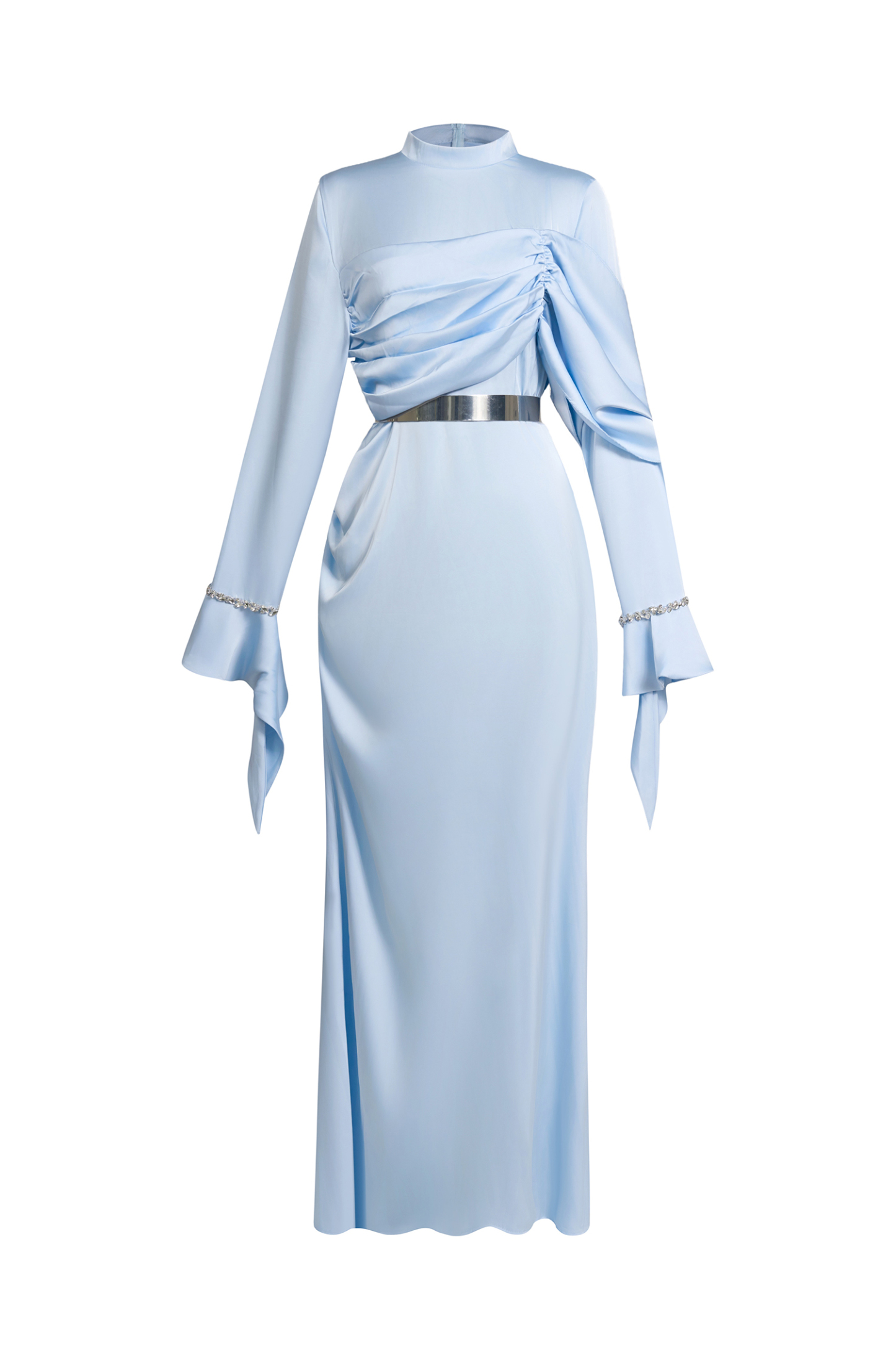 Satin Rhinestone Bell Sleeve Maxi Dress With Belt