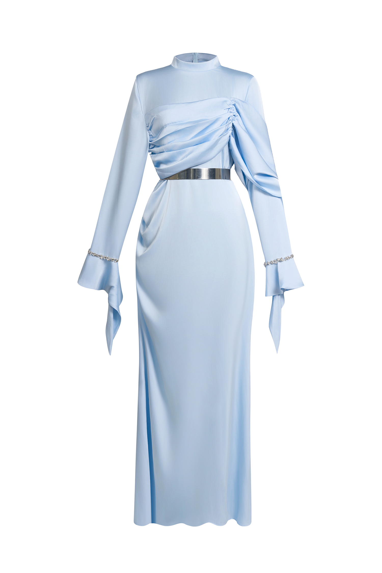 Satin Rhinestone Bell Sleeve Maxi Dress With Belt