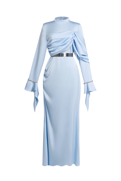 Satin Rhinestone Bell Sleeve Maxi Dress With Belt