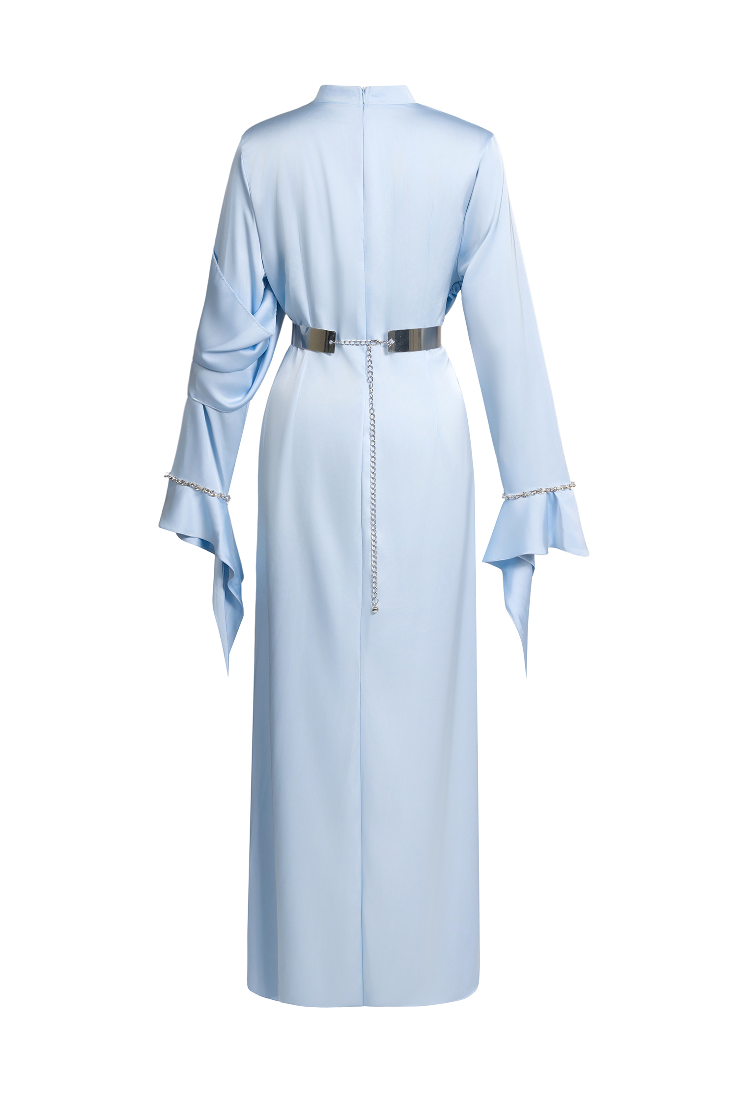 Satin Rhinestone Bell Sleeve Maxi Dress With Belt