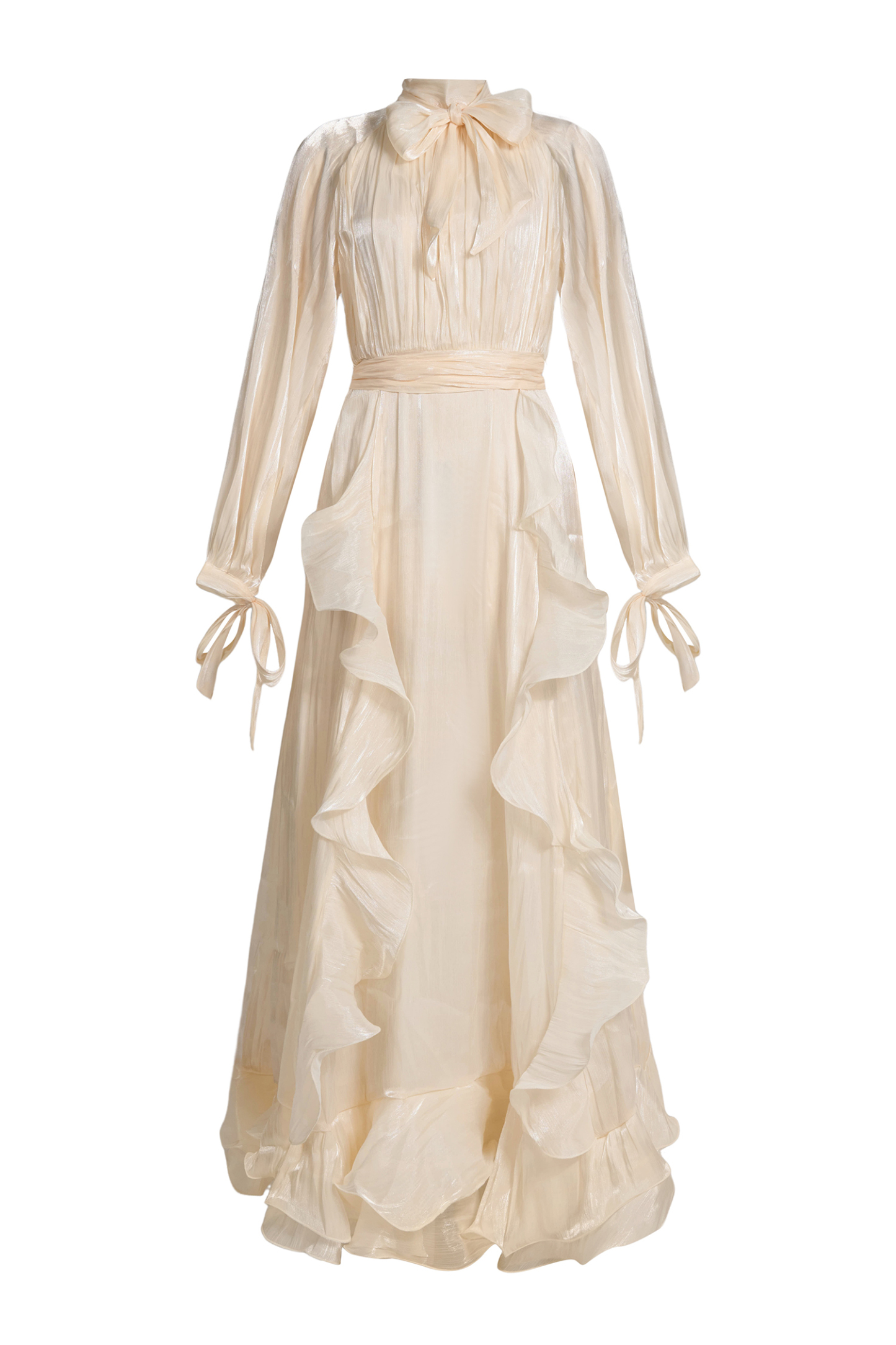 Solid Stand Collar Pleated Frill Maxi Dress With Belt