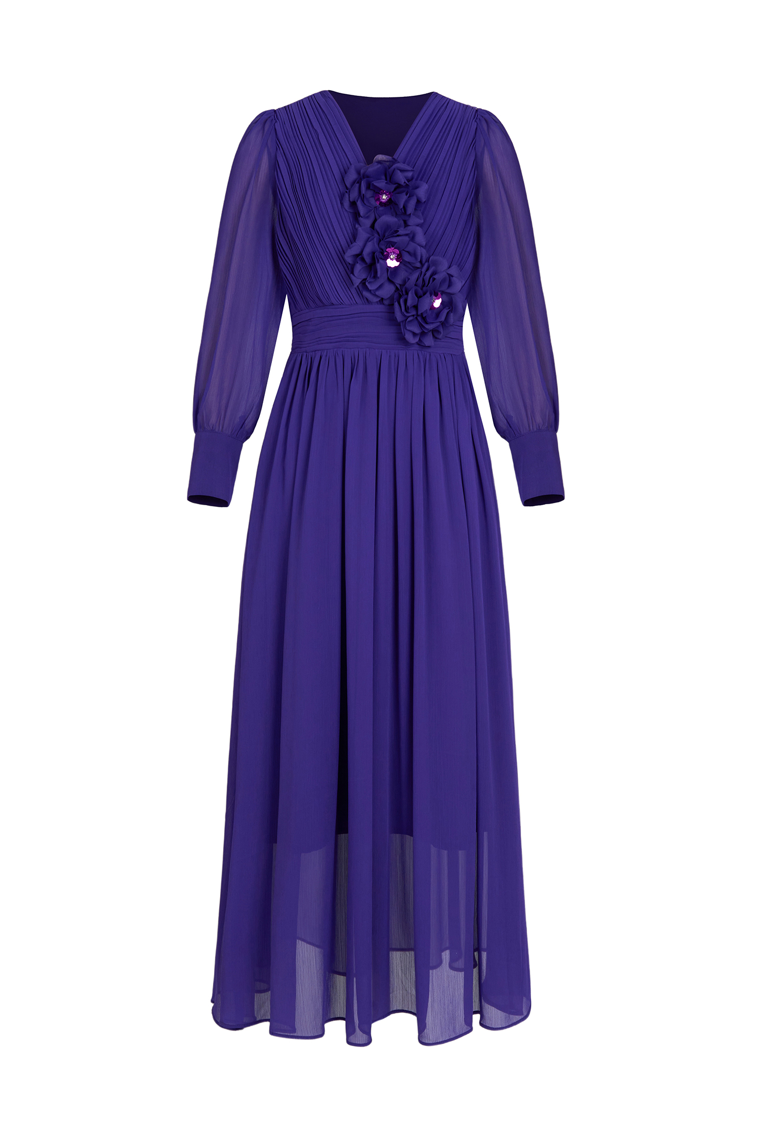 Pleat 3D Flower Long Sleeve Midi Dress