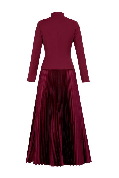 Embroidered Stand Collar Top & High Waist Pleated Maxi Skirt Set