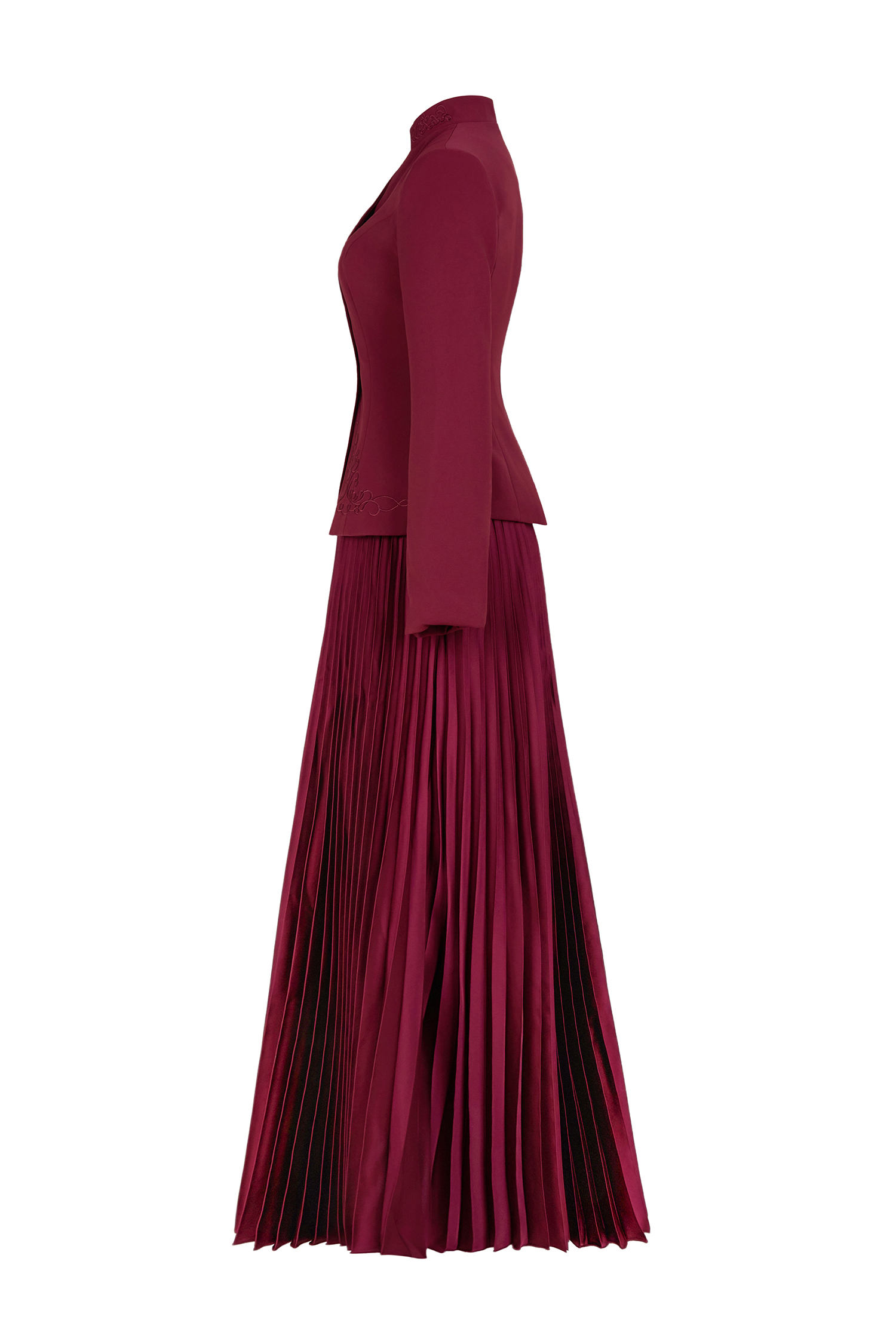 Embroidered Stand Collar Top & High Waist Pleated Maxi Skirt Set