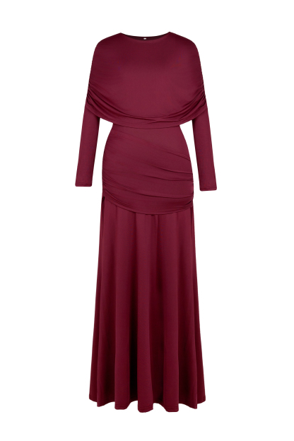 Solid Gathering Long Sleeve Maxi Dress