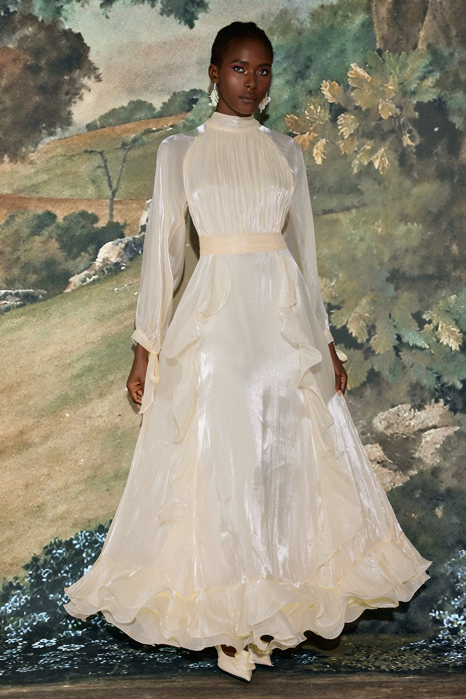 Solid Stand Collar Pleated Frill Maxi Dress With Belt