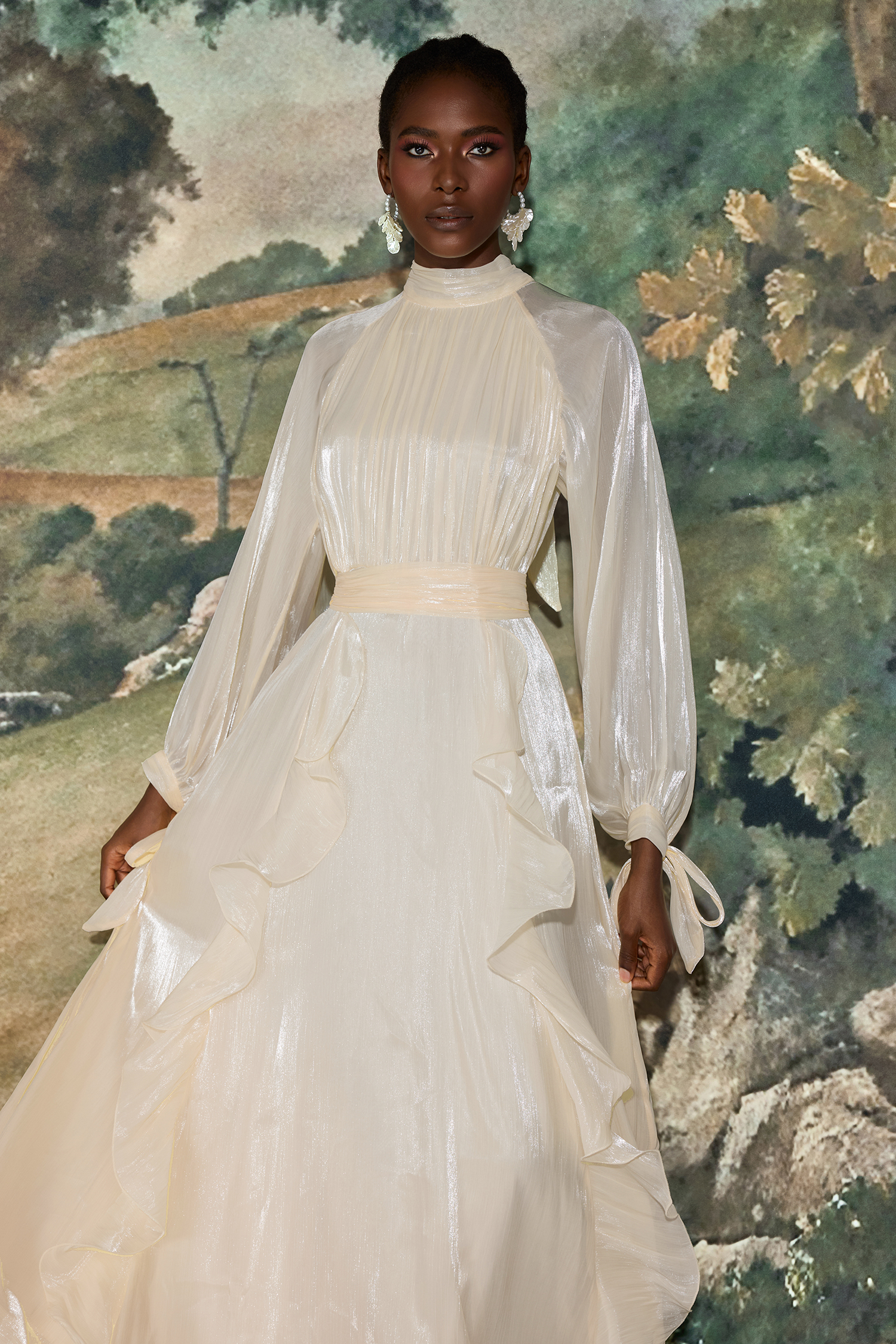 Solid Stand Collar Pleated Frill Maxi Dress With Belt