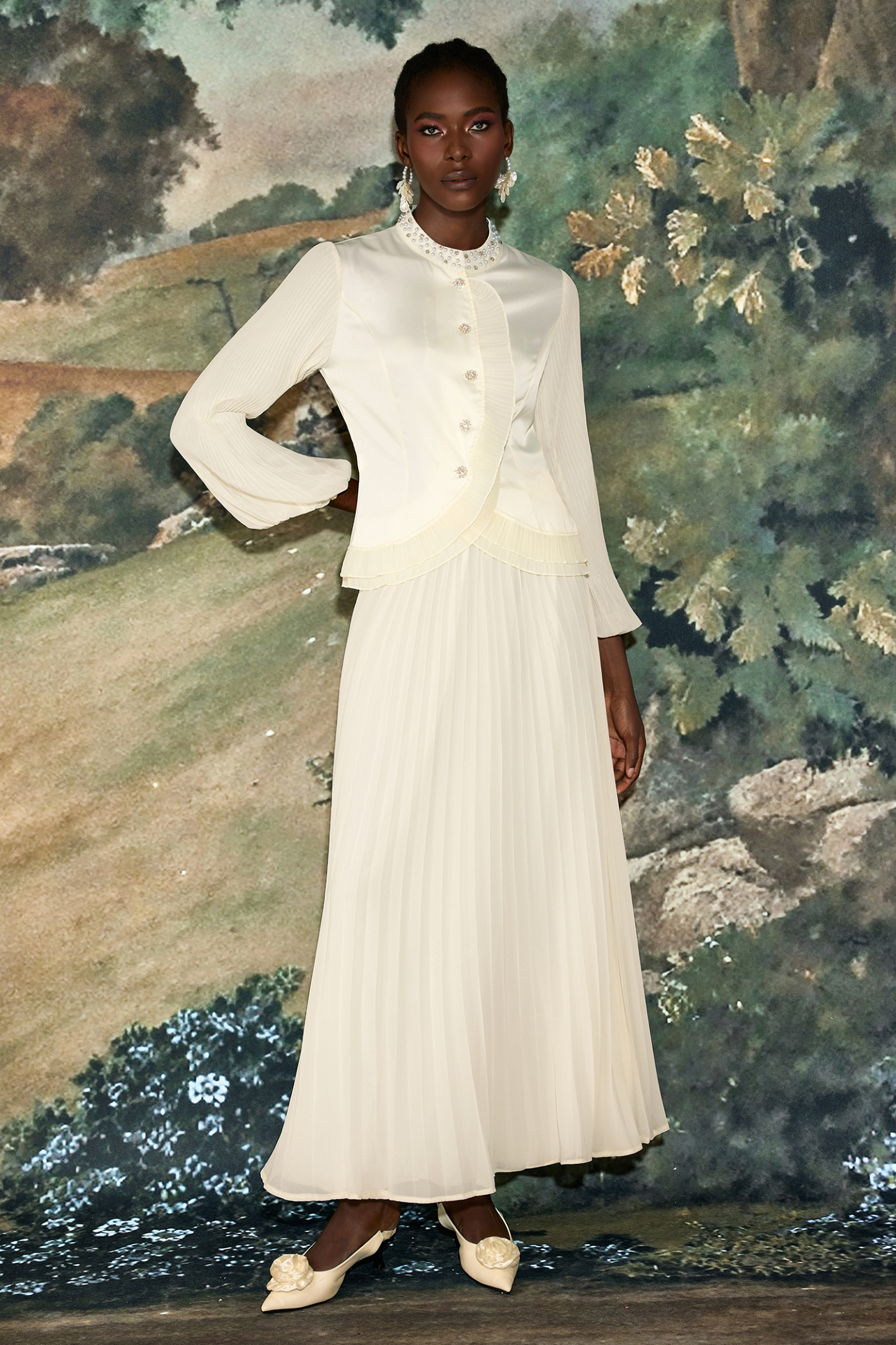 Chiffon Splicing Satin Top & High Waist Pleated Maxi Skirt Set