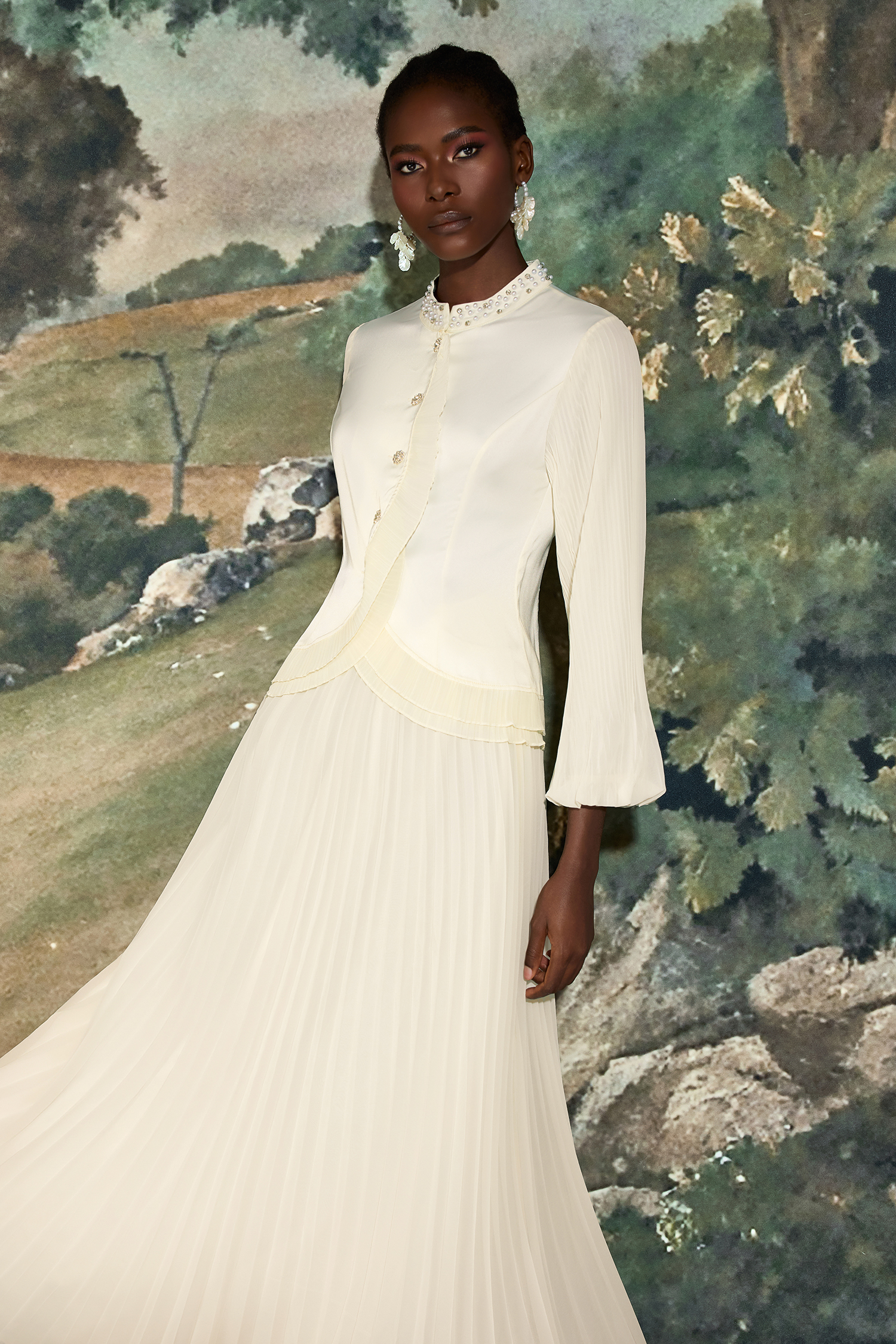 Chiffon Splicing Satin Top & High Waist Pleated Maxi Skirt Set