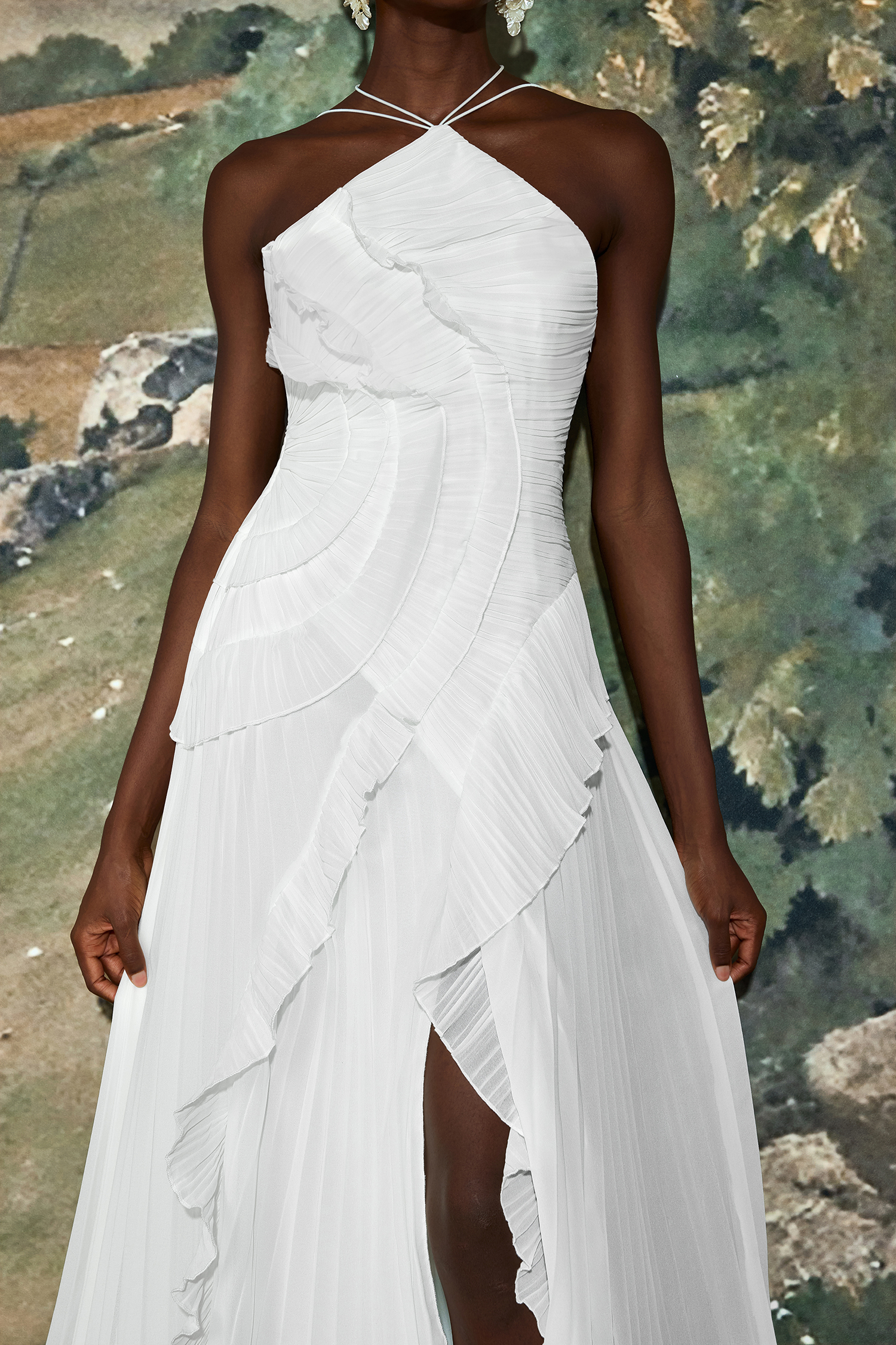 Pleated Frill Halter Neck Midi Dress