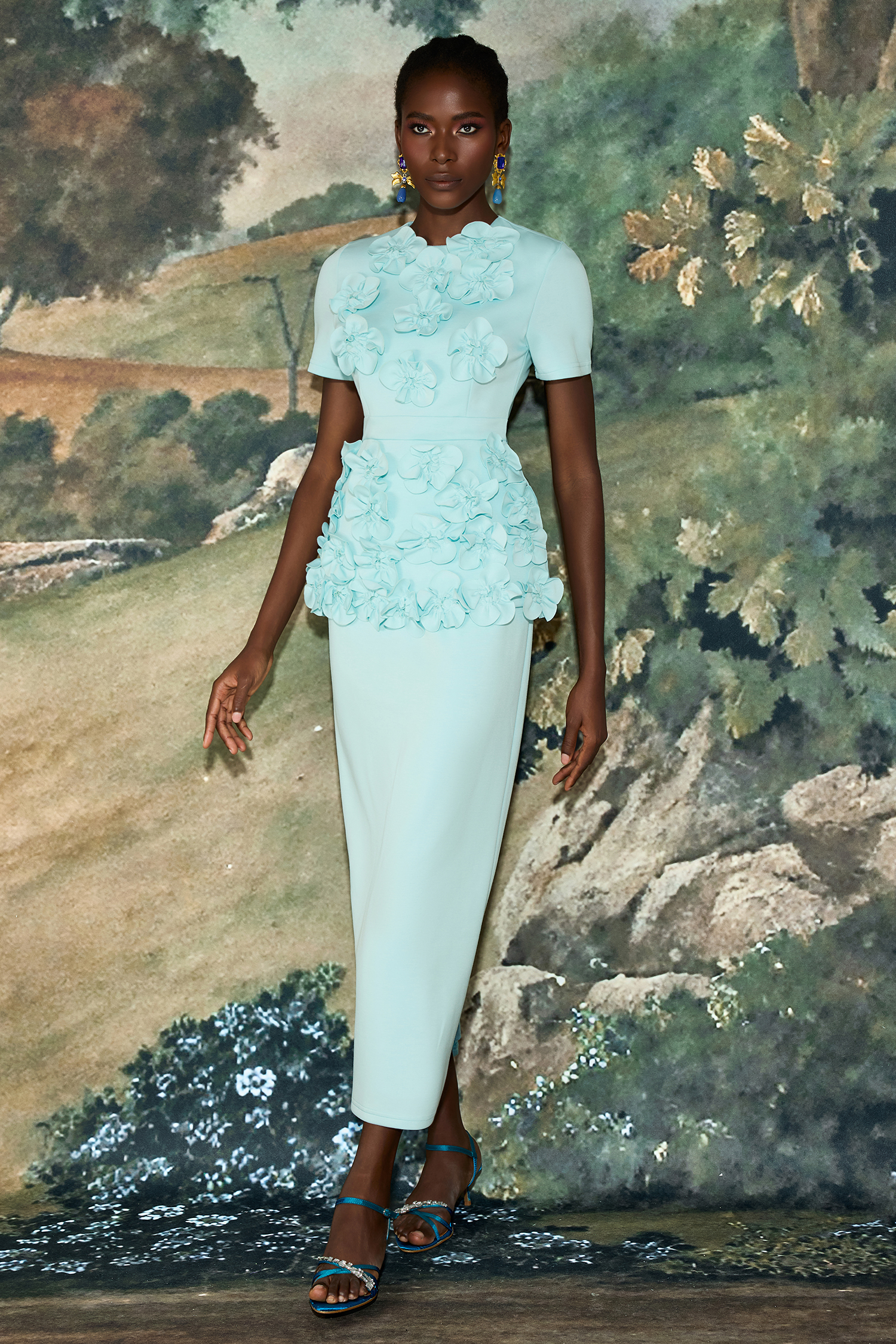 3D Flower Round Neck Short Sleeve Top & Mid Waist Midi Skirt Set