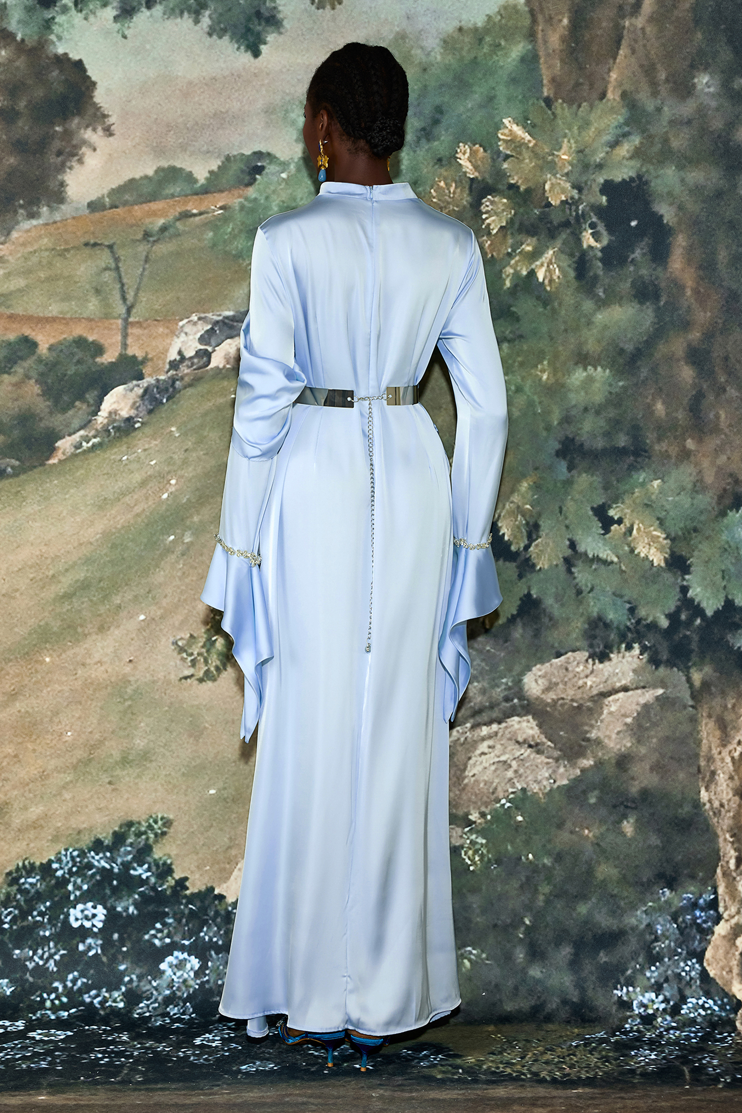 Satin Rhinestone Bell Sleeve Maxi Dress With Belt