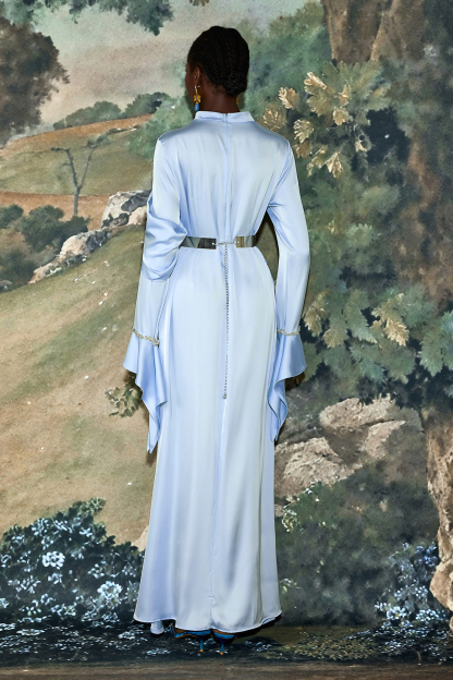 Satin Rhinestone Bell Sleeve Maxi Dress With Belt