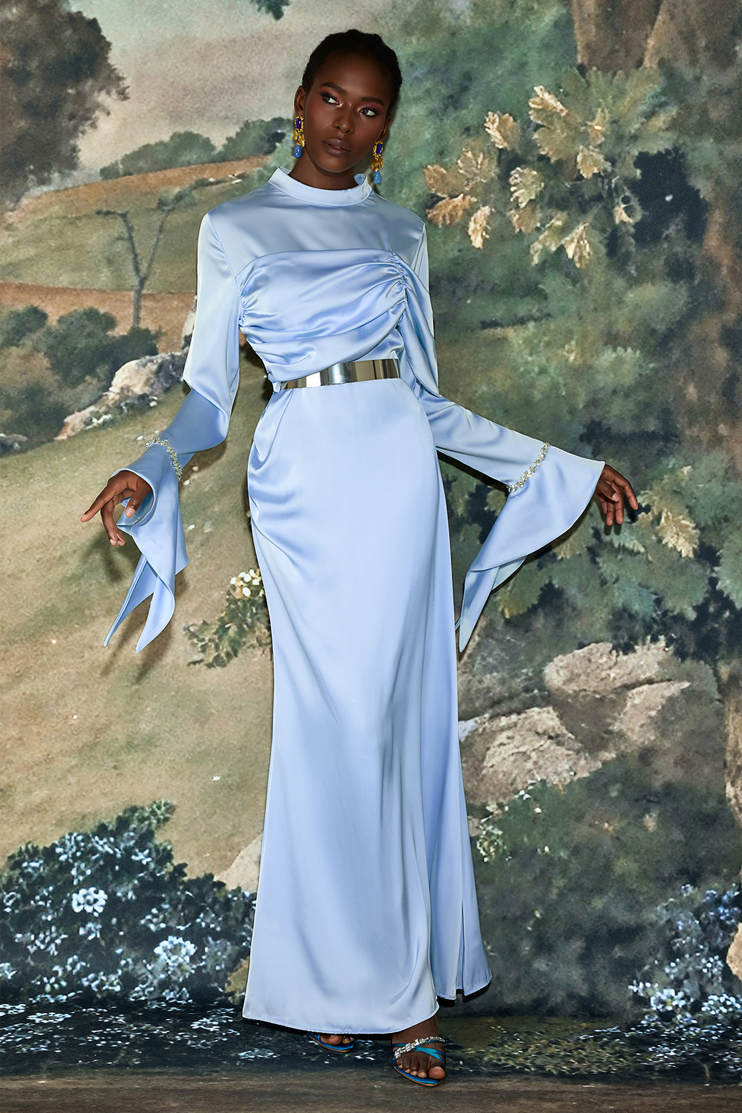 Satin Rhinestone Bell Sleeve Maxi Dress With Belt